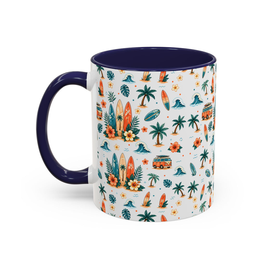 Surfboard & Palm Accent Coffee Mug — Tropical Beach Pattern 11/15oz