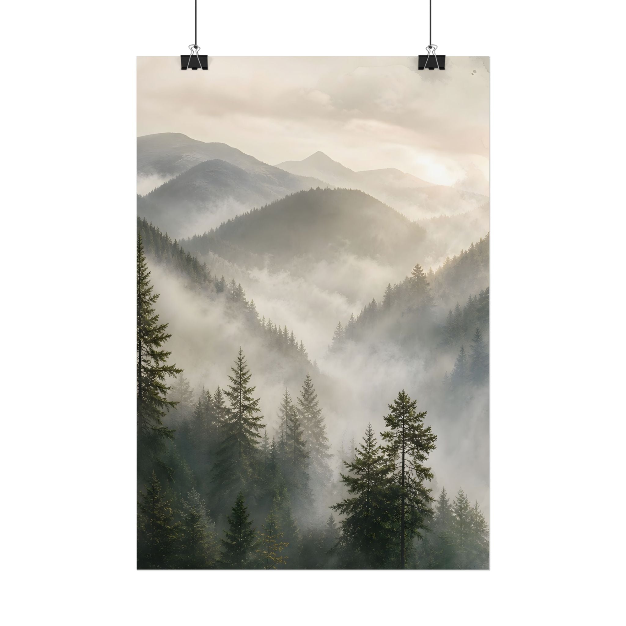 Mist-Filled Mountain Forest Rolled Poster — Serene Nature Wall Art