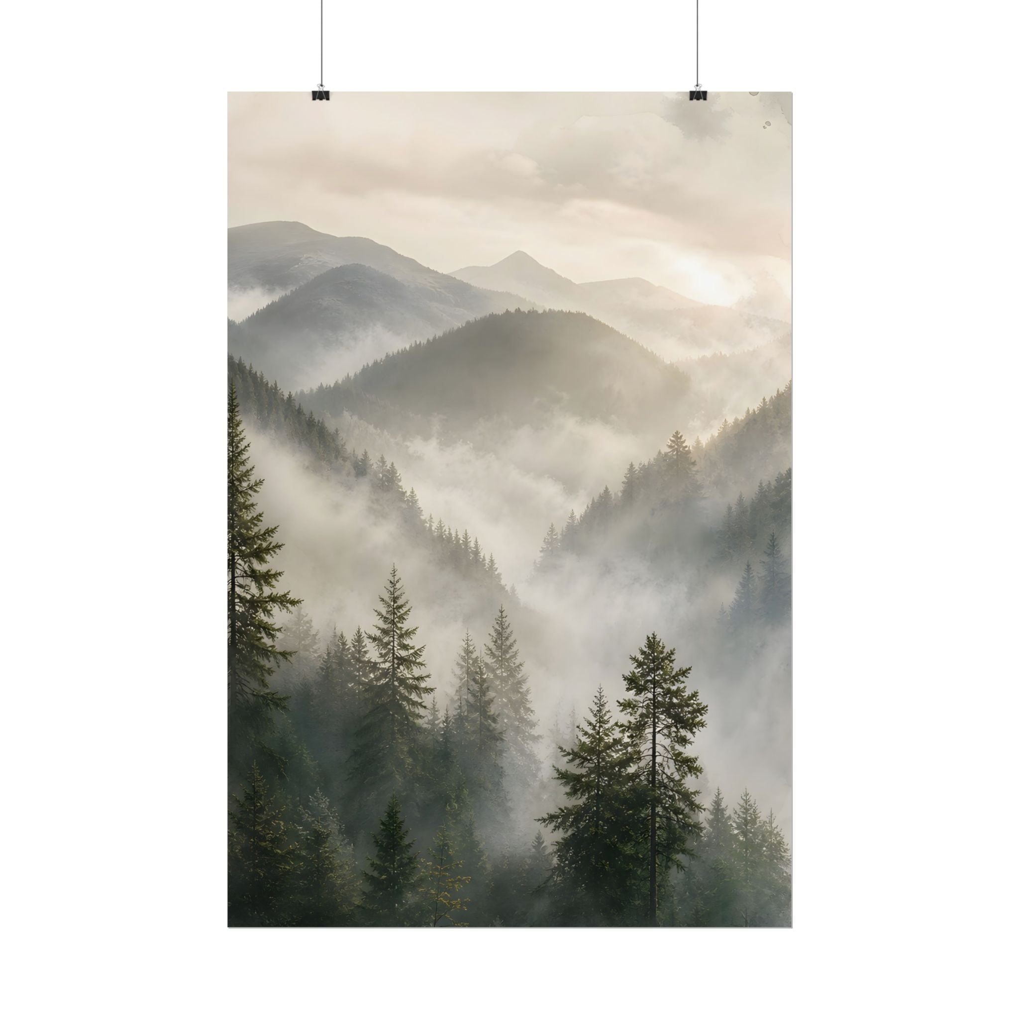 Mist-Filled Mountain Forest Rolled Poster — Serene Nature Wall Art