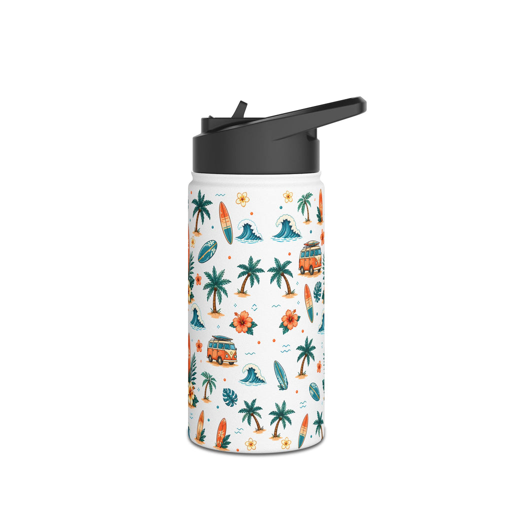 Surf Camper Stainless Steel Water Bottle — Tropical Beach Surfboard Pattern