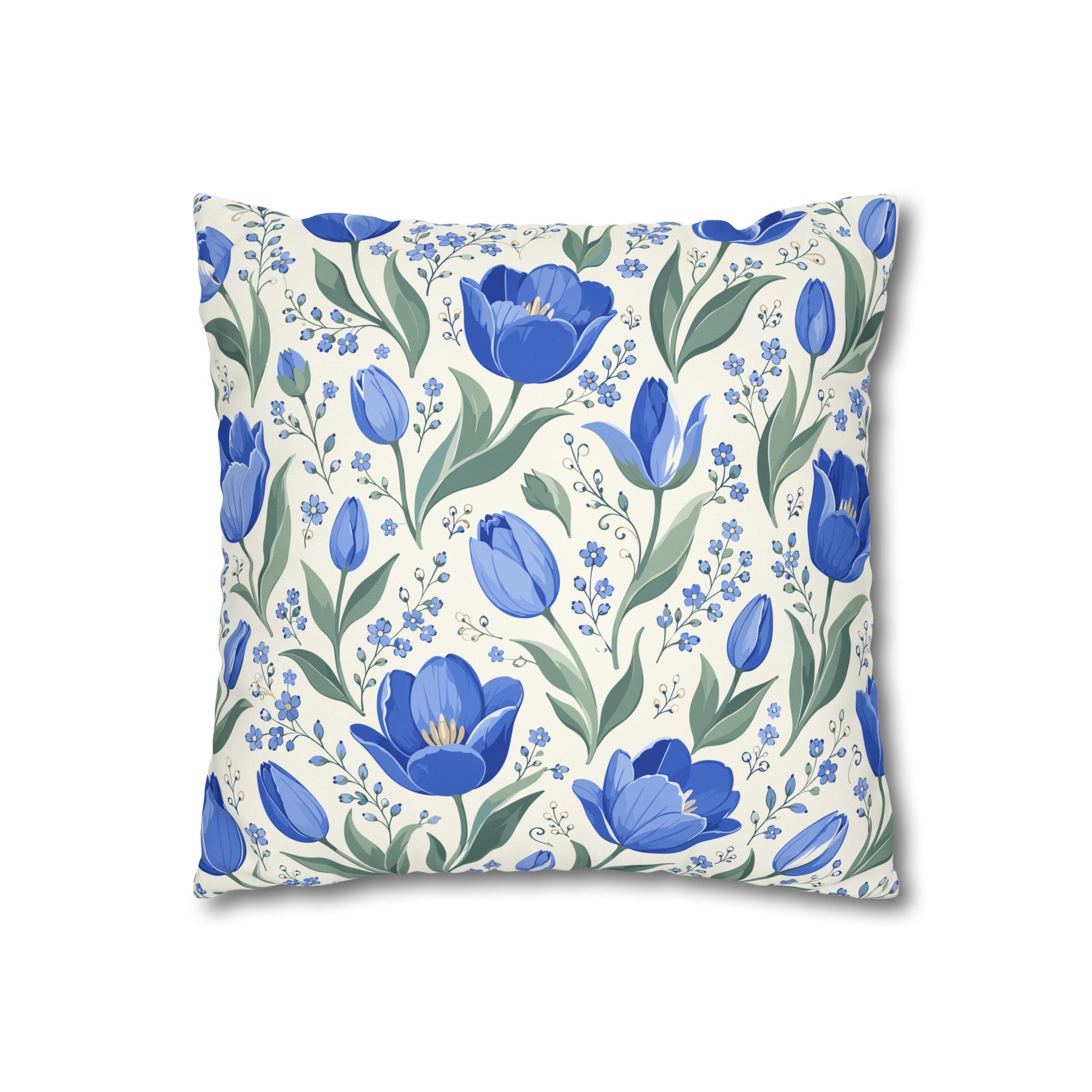 Blue Floral Square Pillow Cover — Blue Tulip Pattern Decorative Throw Pillowcase