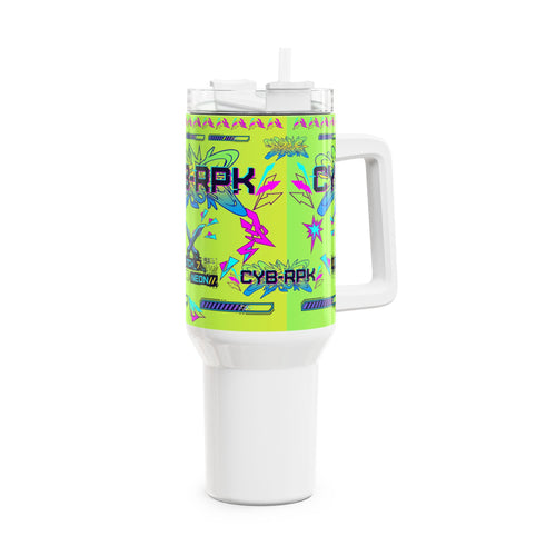 40oz Neon Cyberpunk Tumbler - 'CYB-RPK' Glitch Design Travel Mug