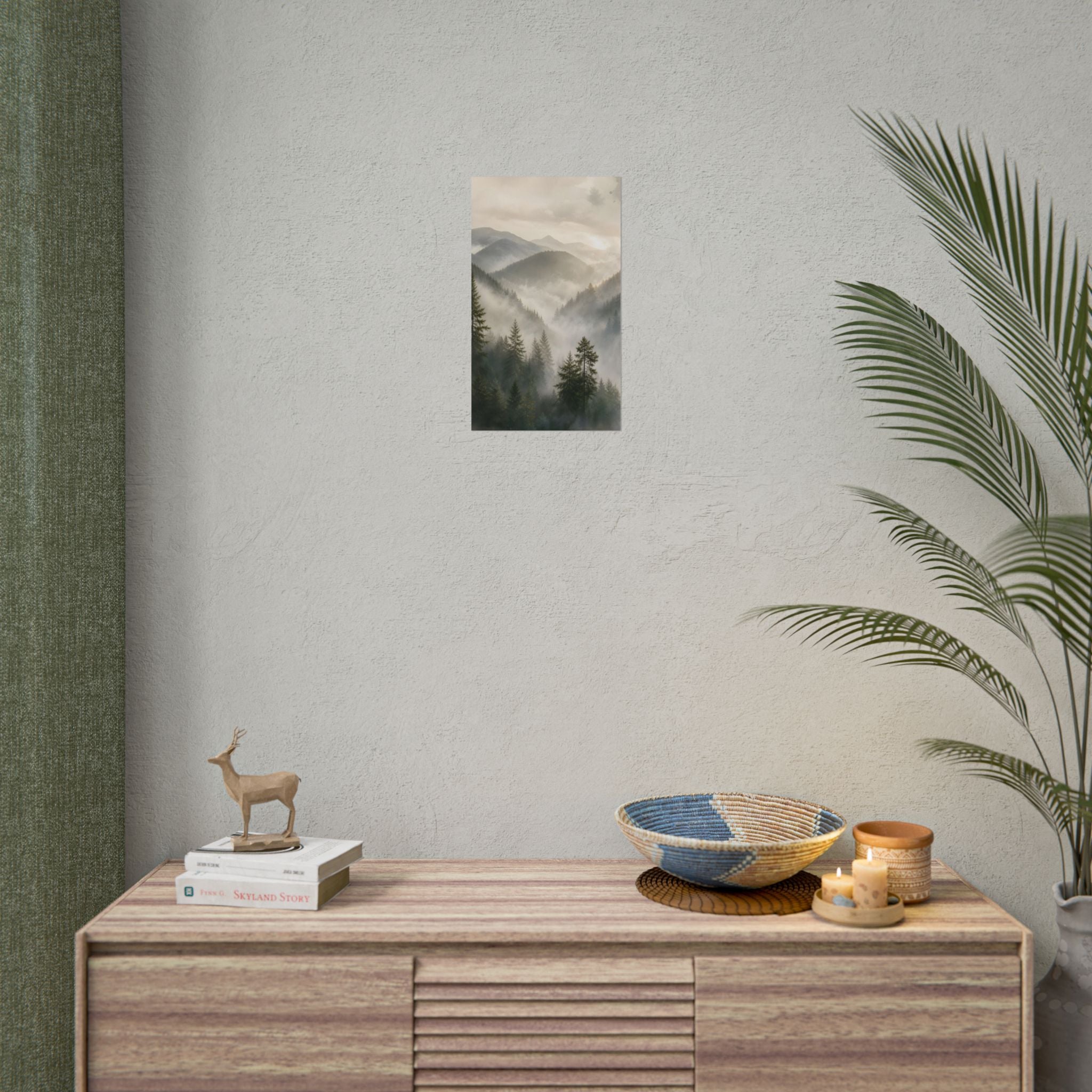 Mist-Filled Mountain Forest Rolled Poster — Serene Nature Wall Art