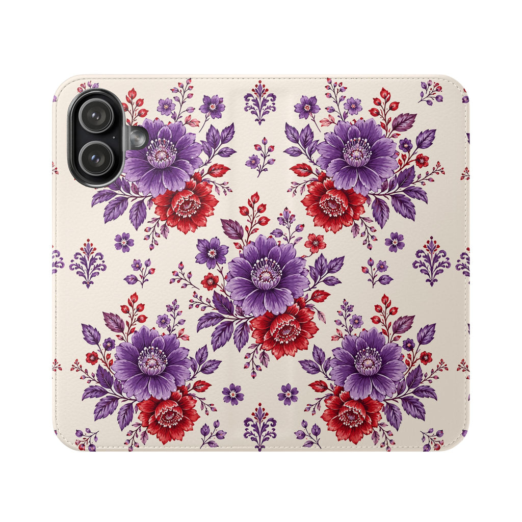 Floral Flip Phone Case — Purple & Red Vintage Bouquet Wallet Cover