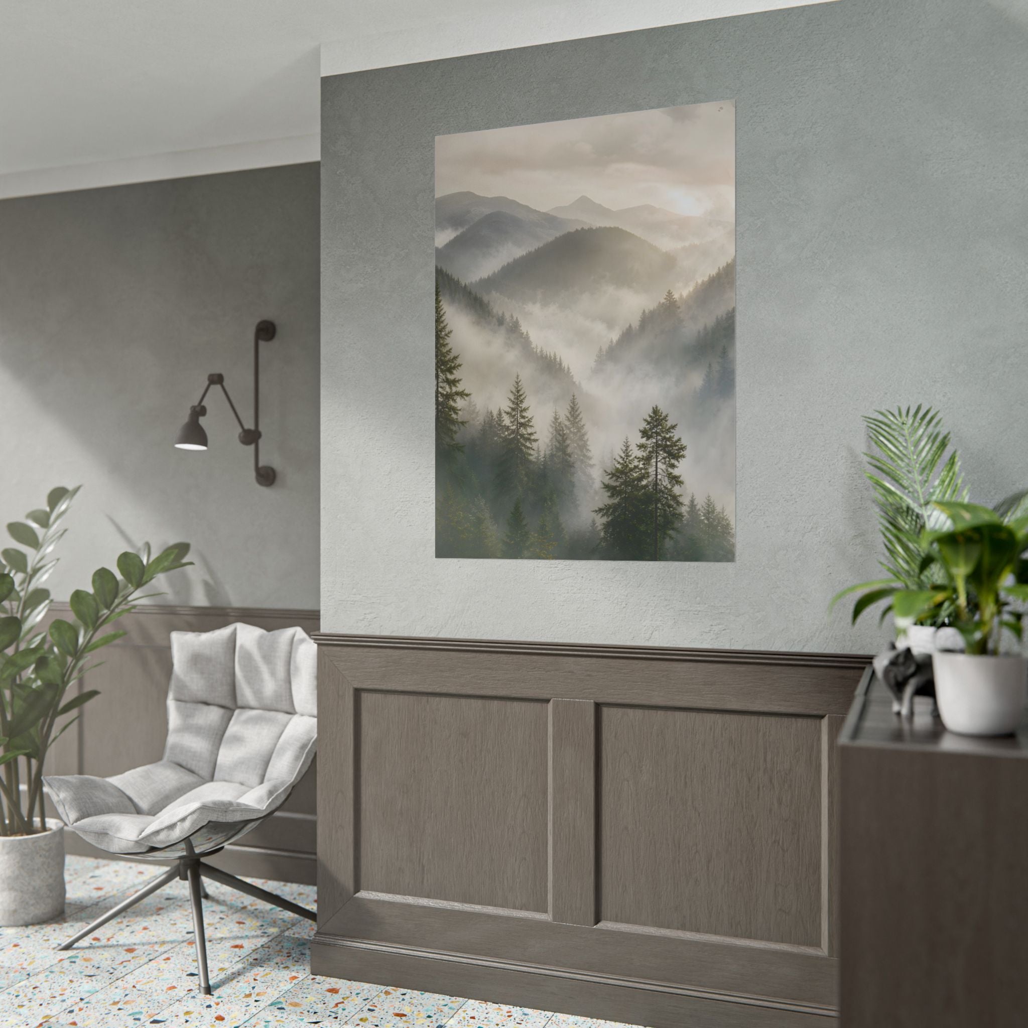 Mist-Filled Mountain Forest Rolled Poster — Serene Nature Wall Art