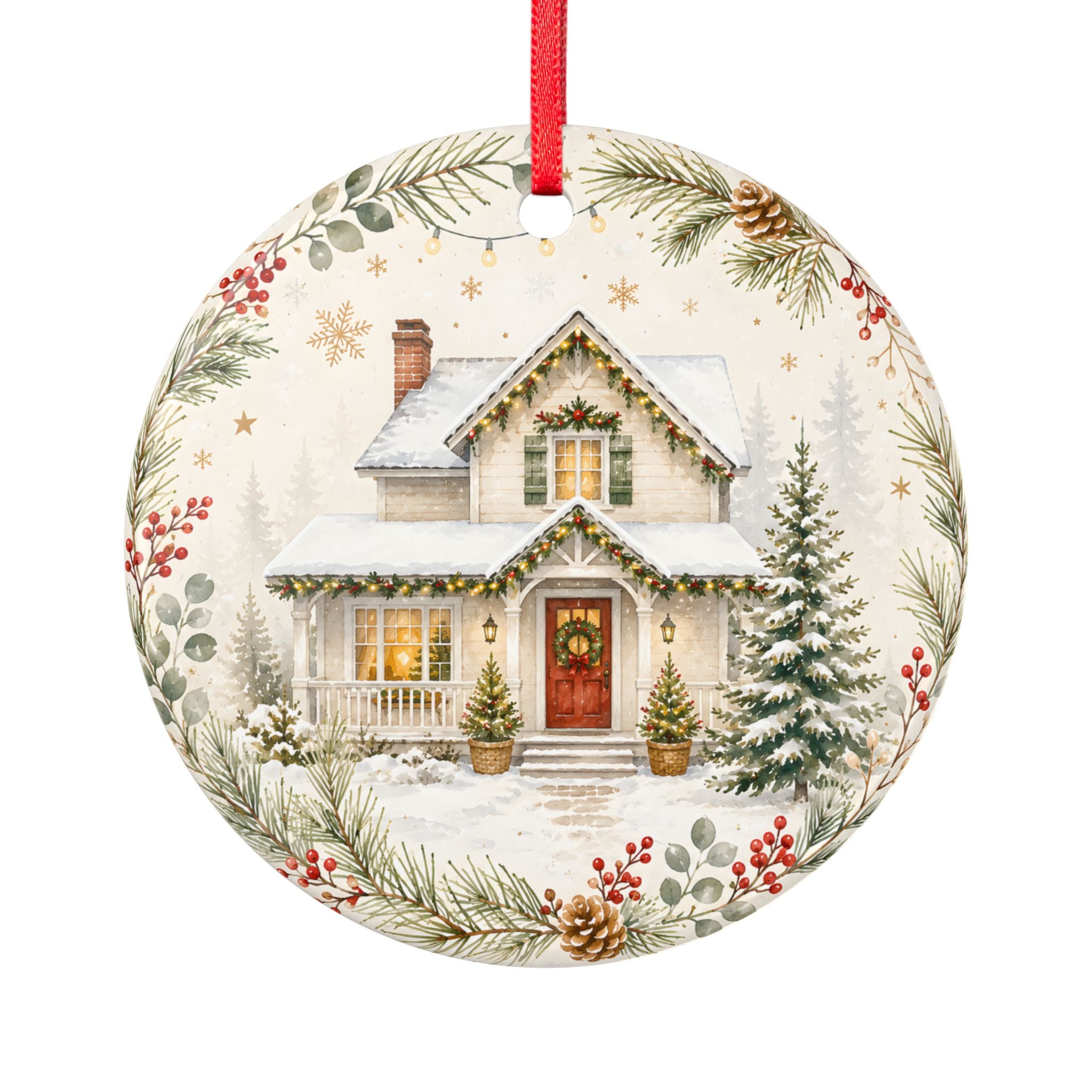 Round Ceramic Christmas Ornament — Cozy Snowy Cottage Double-Sided Holiday Decoration