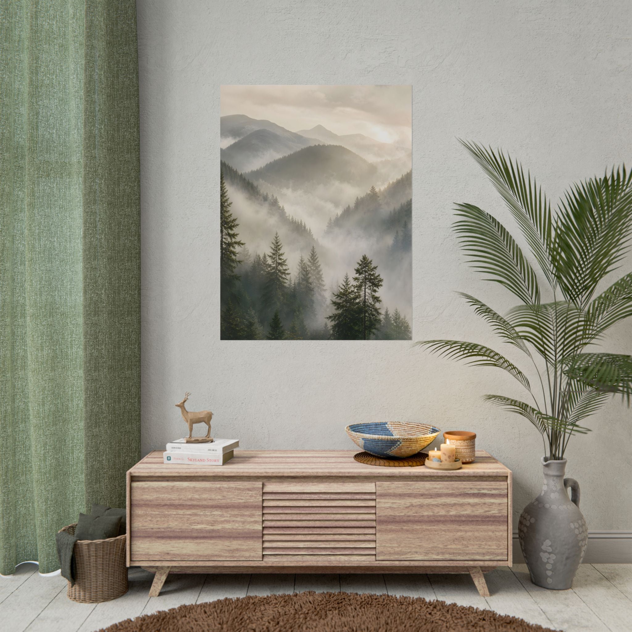 Mist-Filled Mountain Forest Rolled Poster — Serene Nature Wall Art