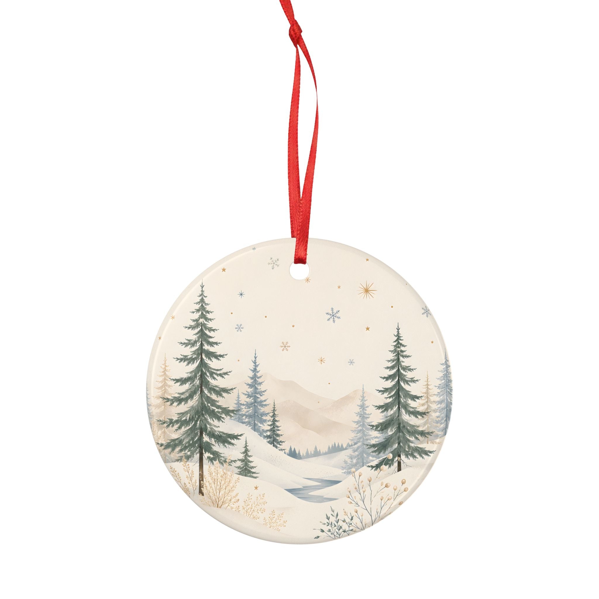 Winter Pines Ceramic Ornament — Double-Sided Snowy Forest Holiday Decoration