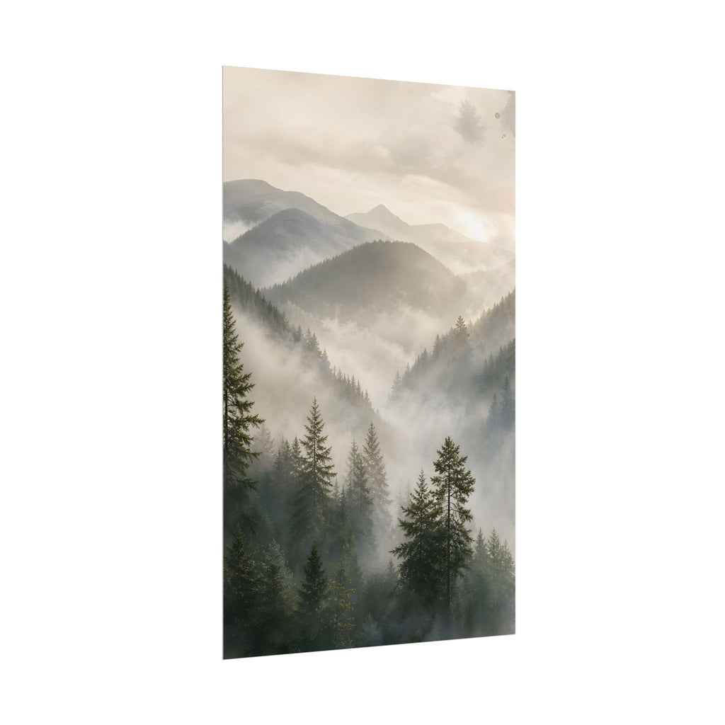 Mist-Filled Mountain Forest Rolled Poster — Serene Nature Wall Art