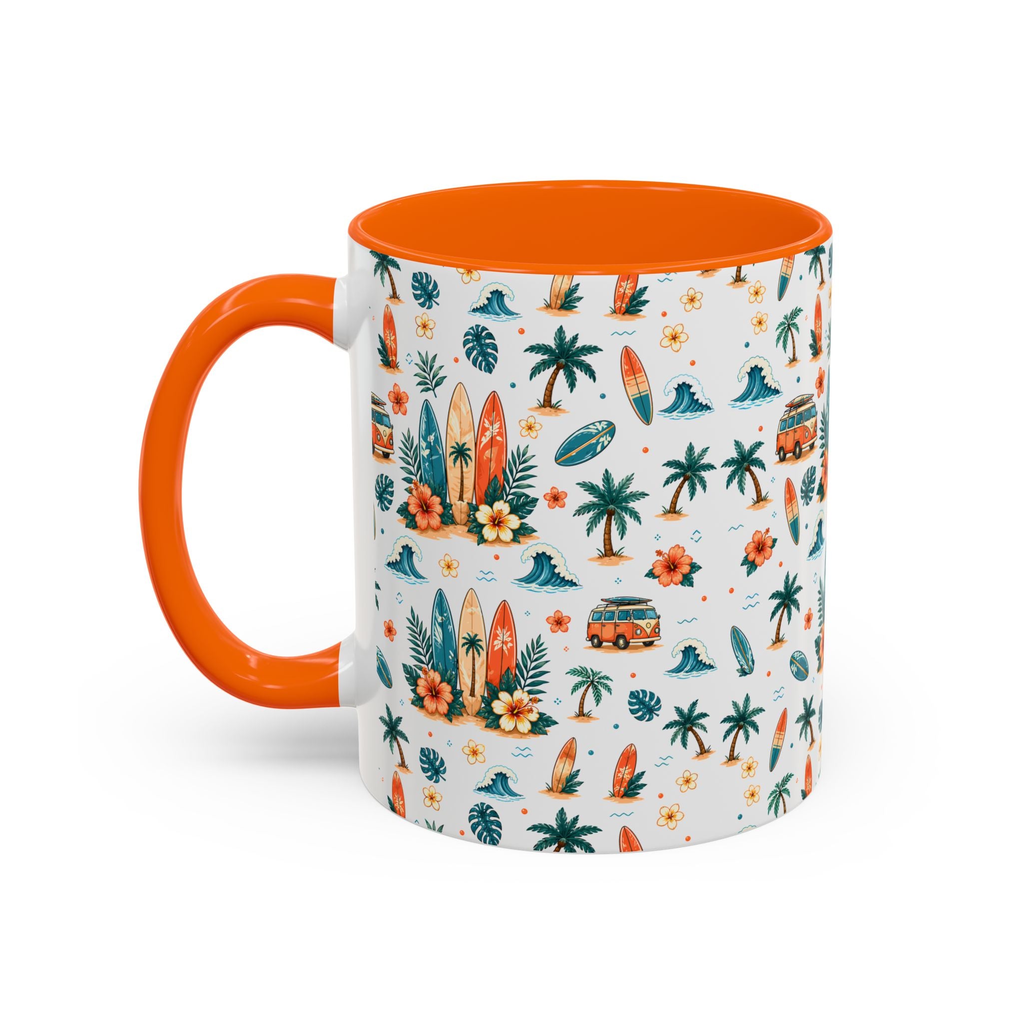 Surfboard & Palm Accent Coffee Mug — Tropical Beach Pattern 11/15oz
