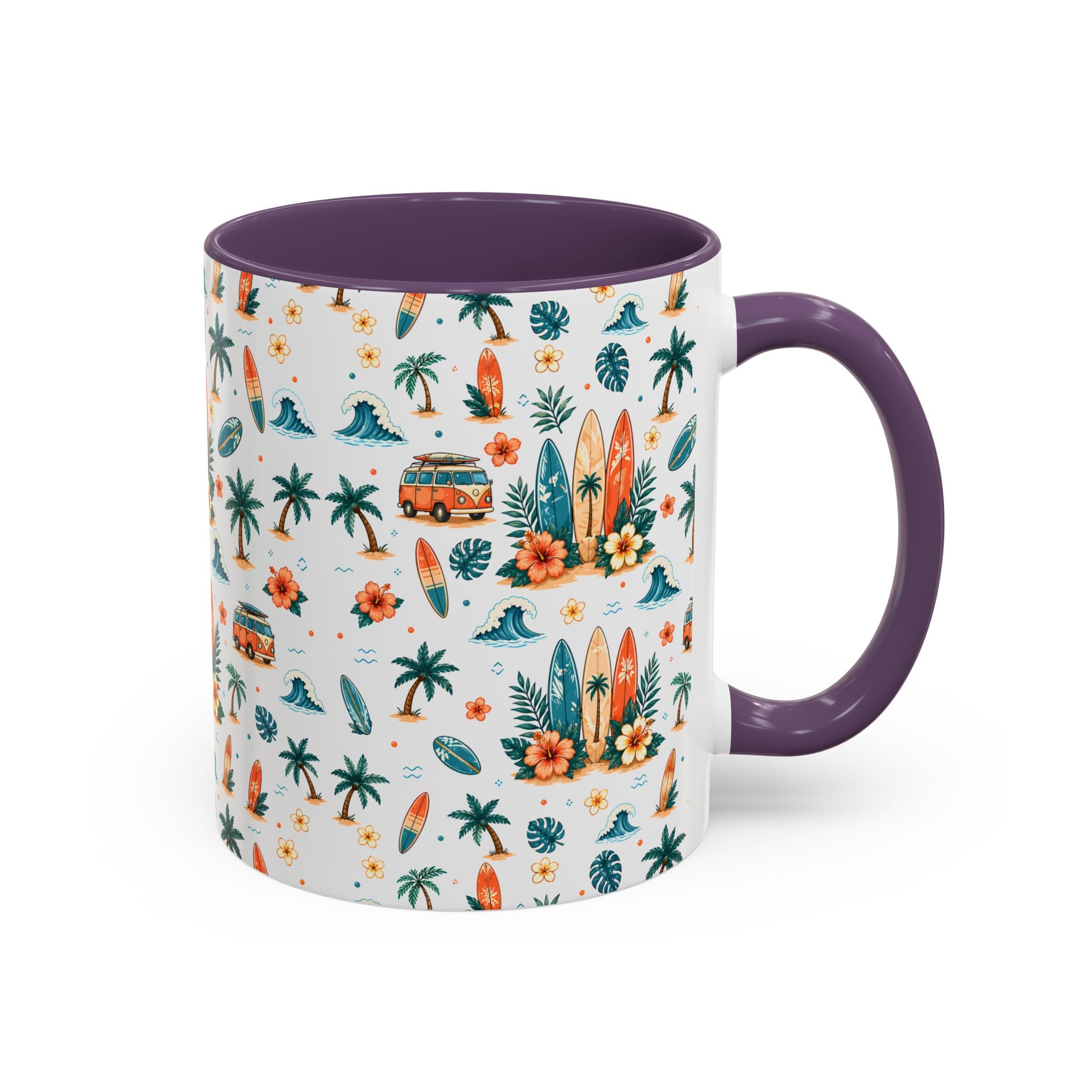 Surfboard & Palm Accent Coffee Mug — Tropical Beach Pattern 11/15oz