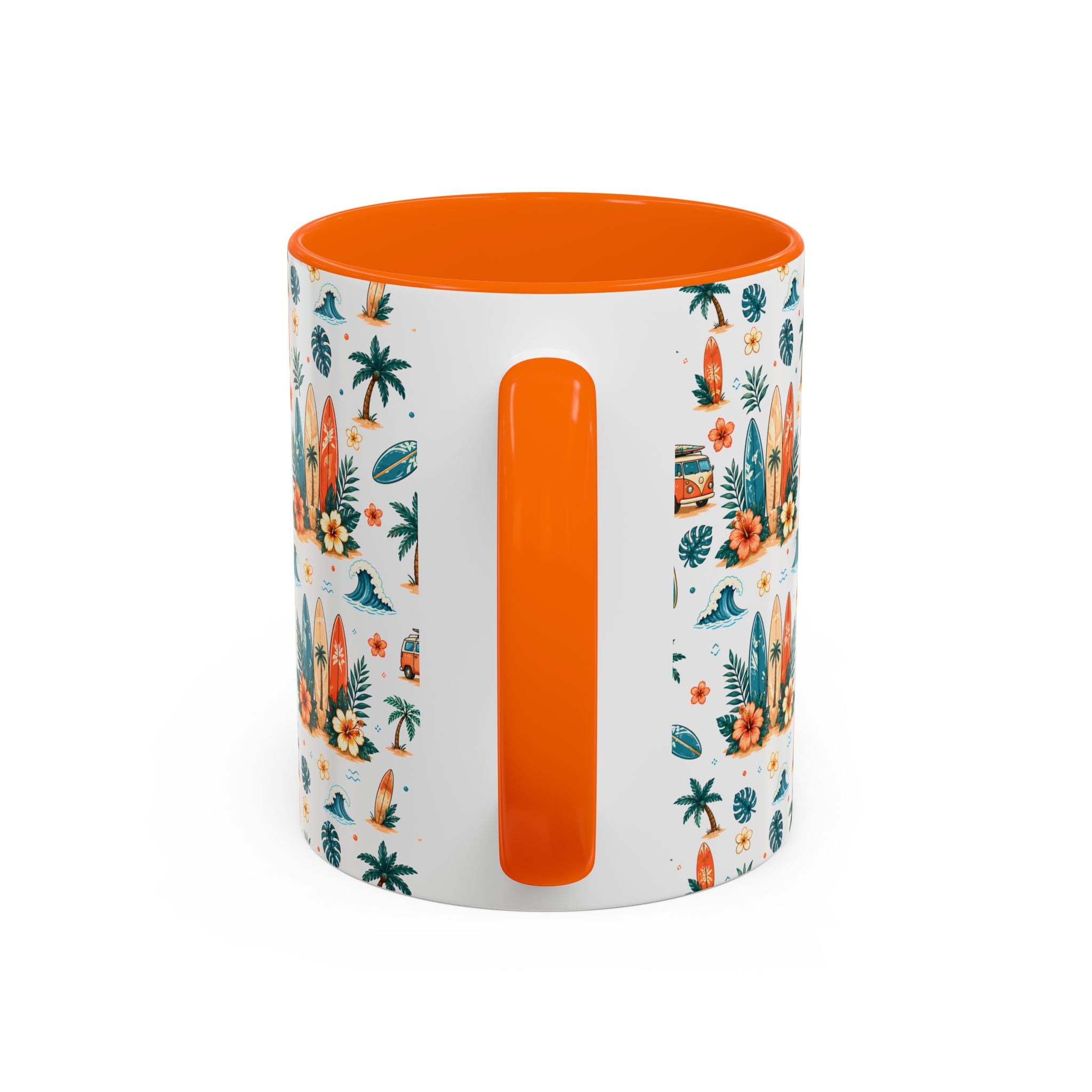 Surfboard & Palm Accent Coffee Mug — Tropical Beach Pattern 11/15oz