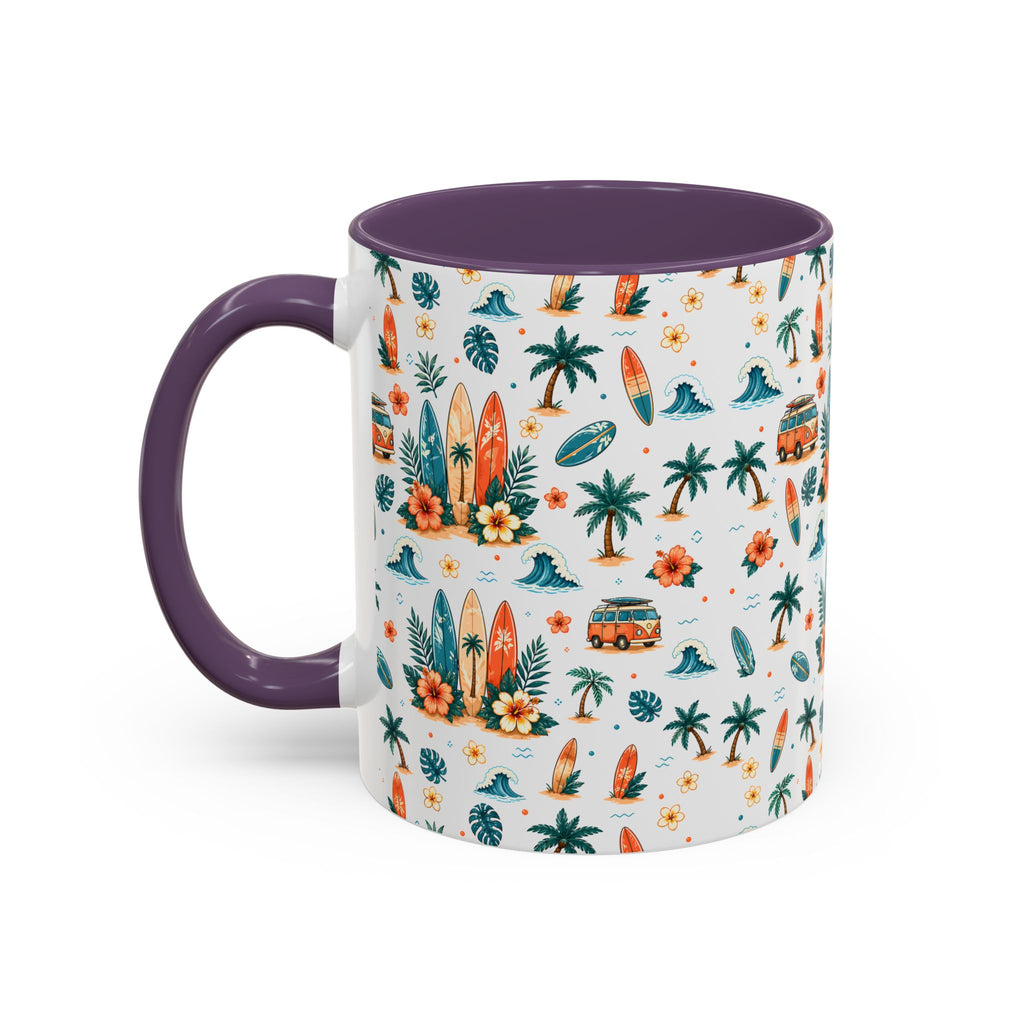 Surfboard & Palm Accent Coffee Mug — Tropical Beach Pattern 11/15oz