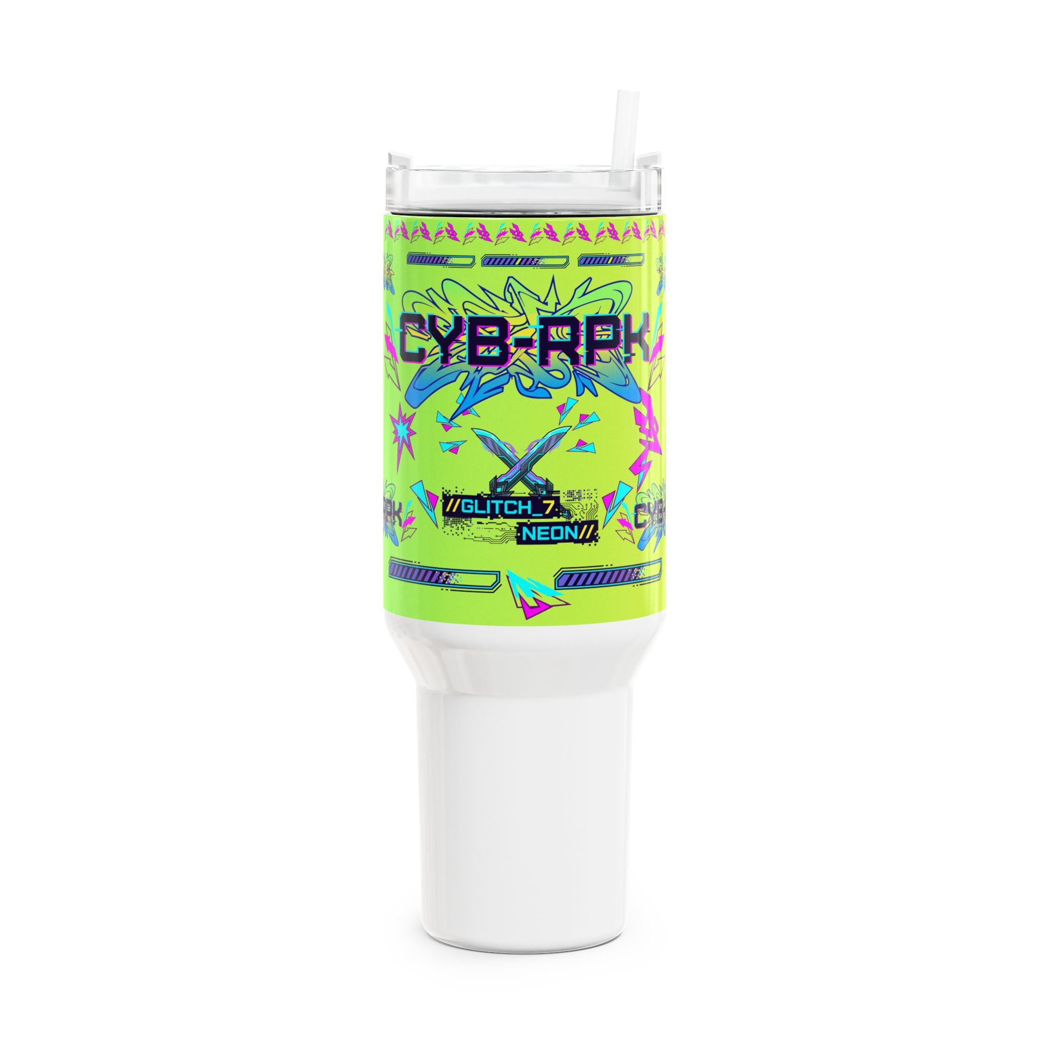 40oz Neon Cyberpunk Tumbler - 'CYB-RPK' Glitch Design Travel Mug
