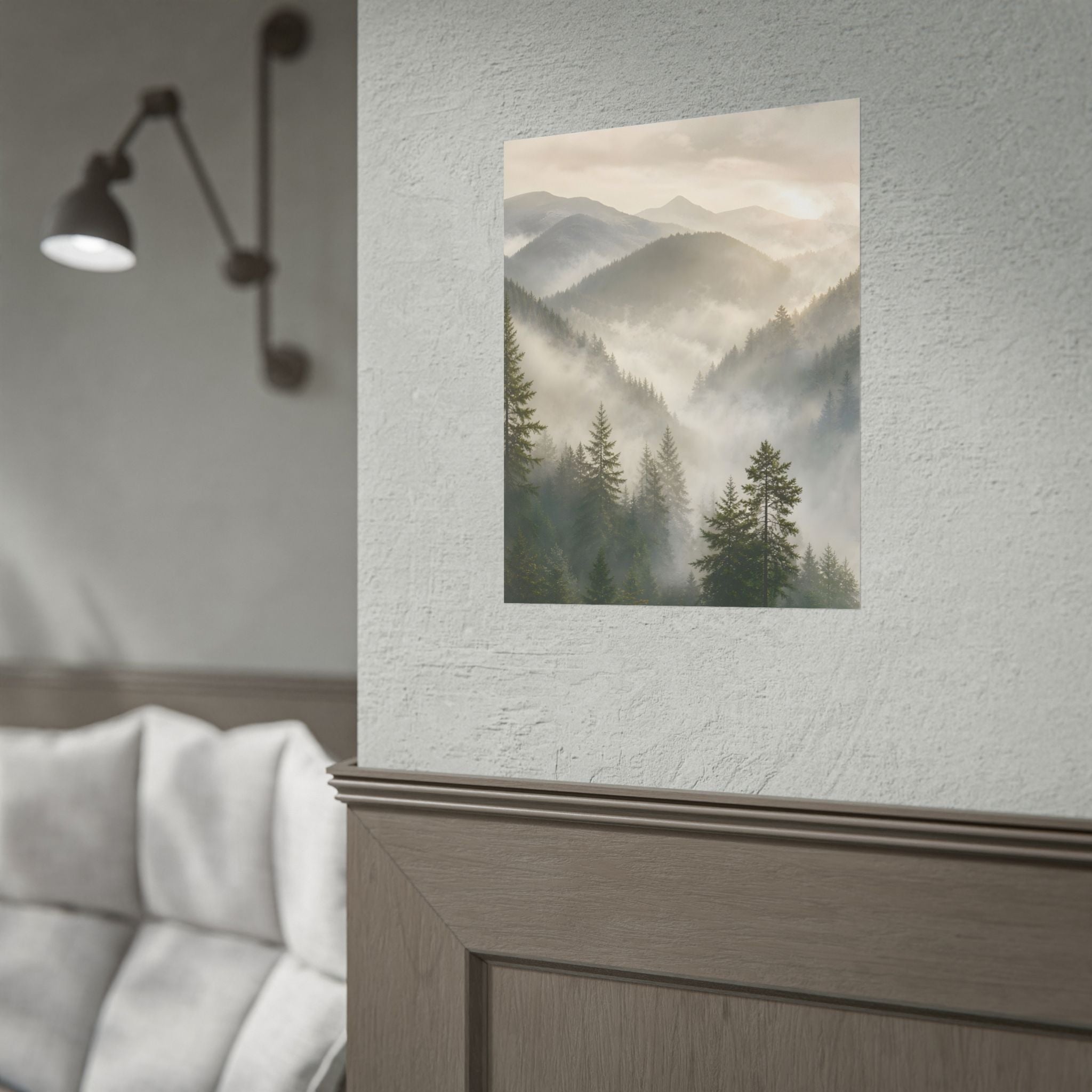 Mist-Filled Mountain Forest Rolled Poster — Serene Nature Wall Art