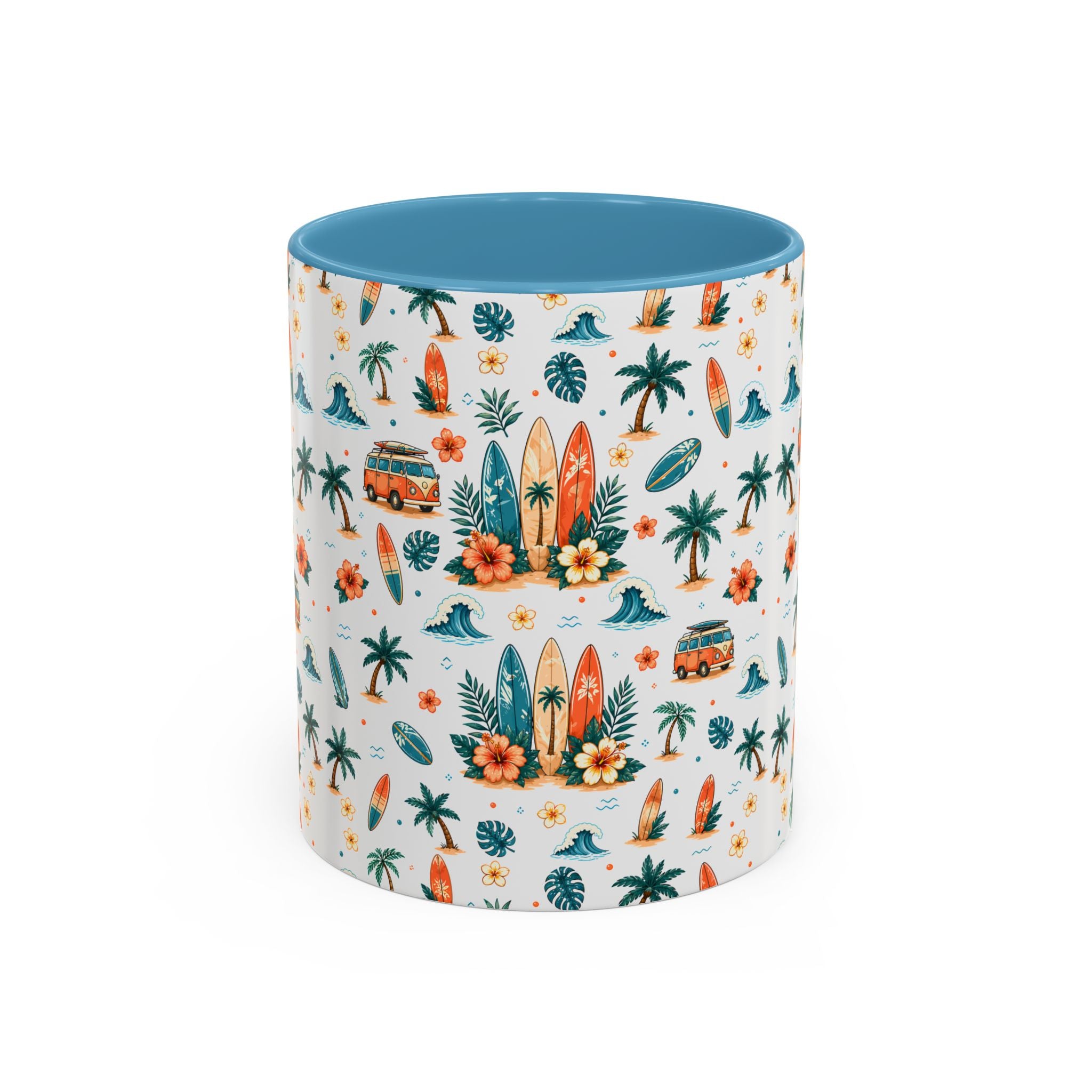 Surfboard & Palm Accent Coffee Mug — Tropical Beach Pattern 11/15oz