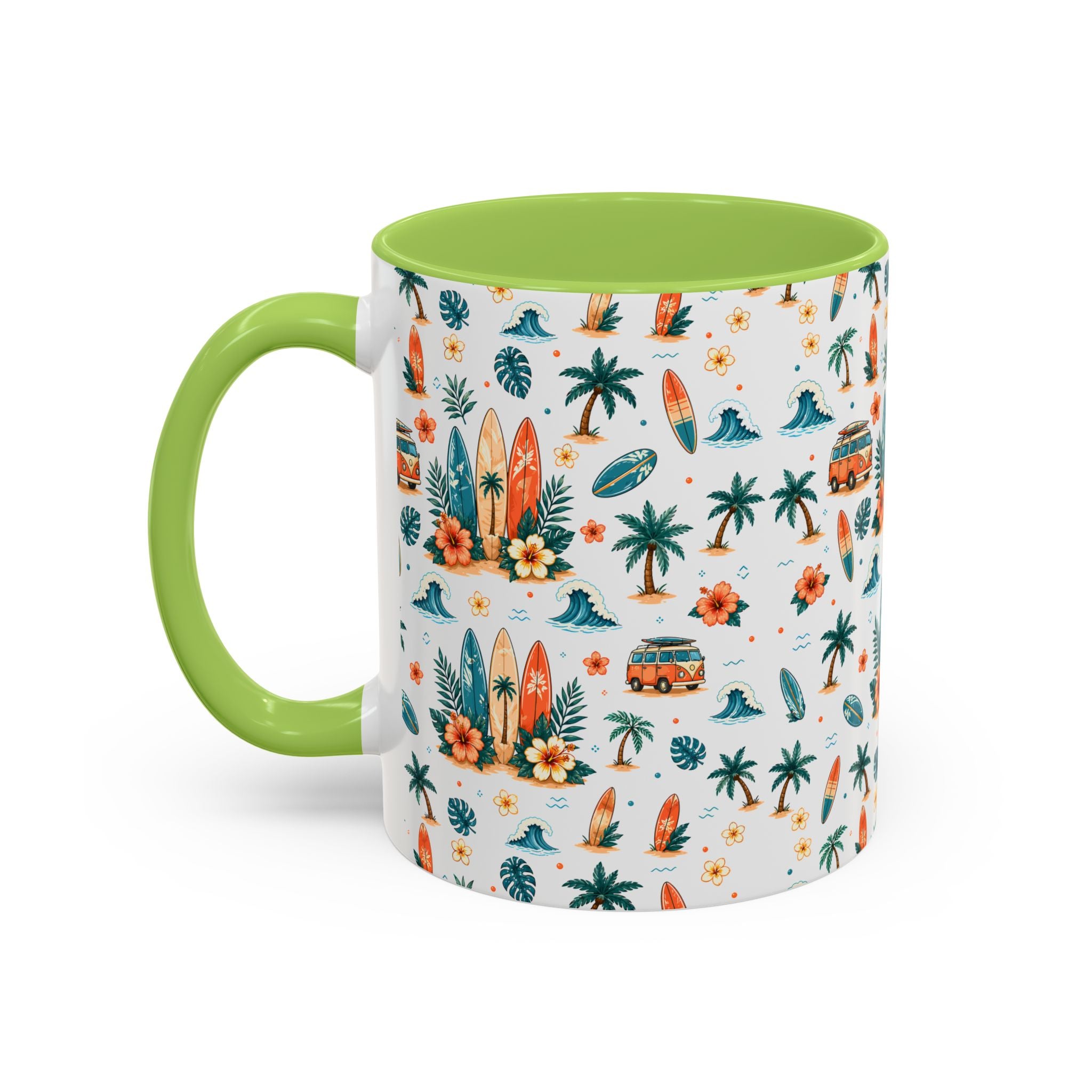 Surfboard & Palm Accent Coffee Mug — Tropical Beach Pattern 11/15oz