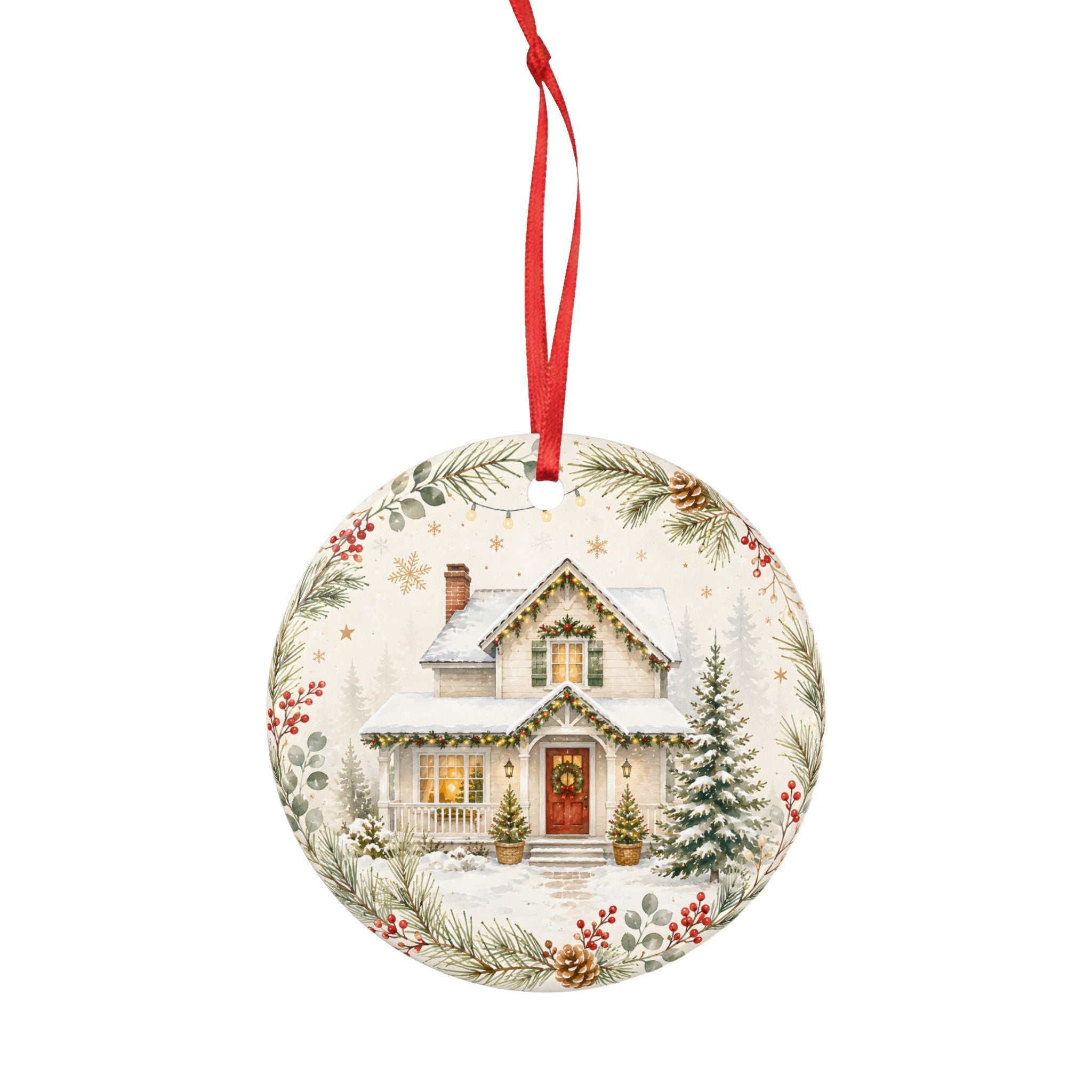 Round Ceramic Christmas Ornament — Cozy Snowy Cottage Double-Sided Holiday Decoration