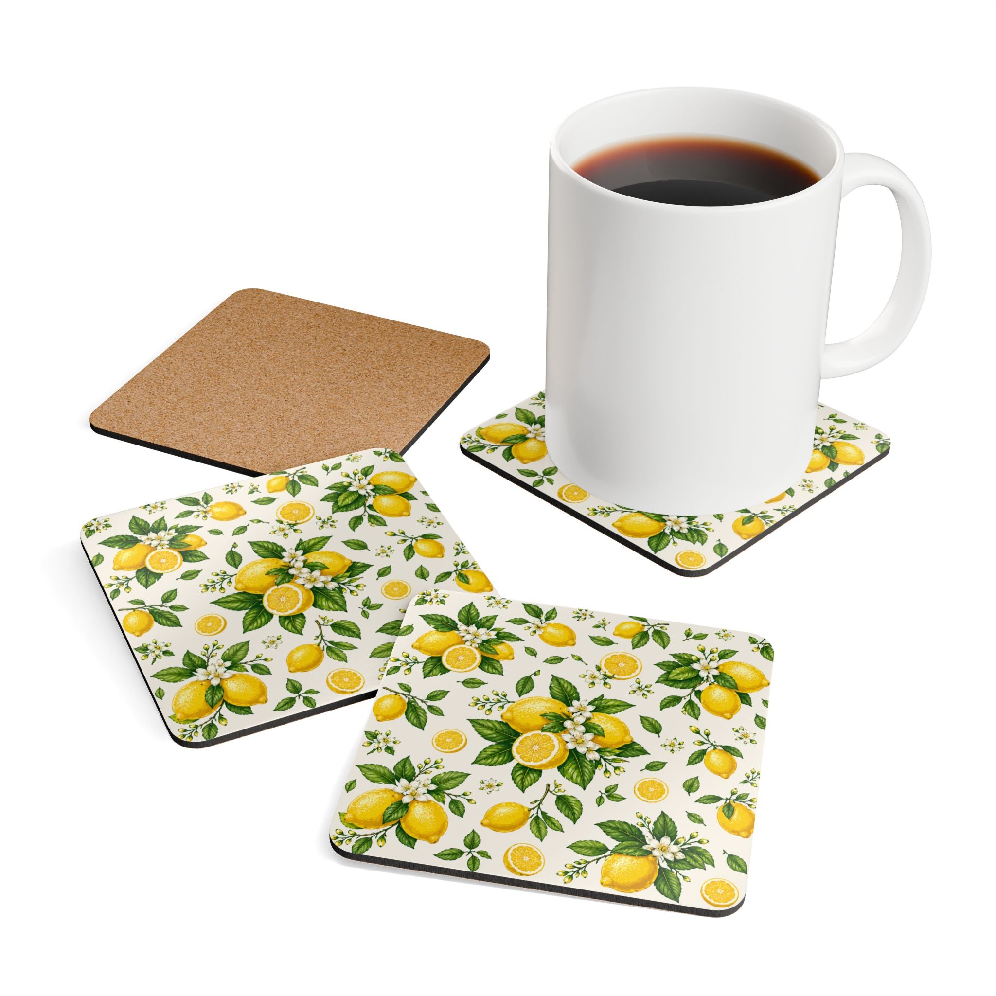 Lemon Bistro Cork Coaster Set — 4-Pack Citrus Drink Coasters