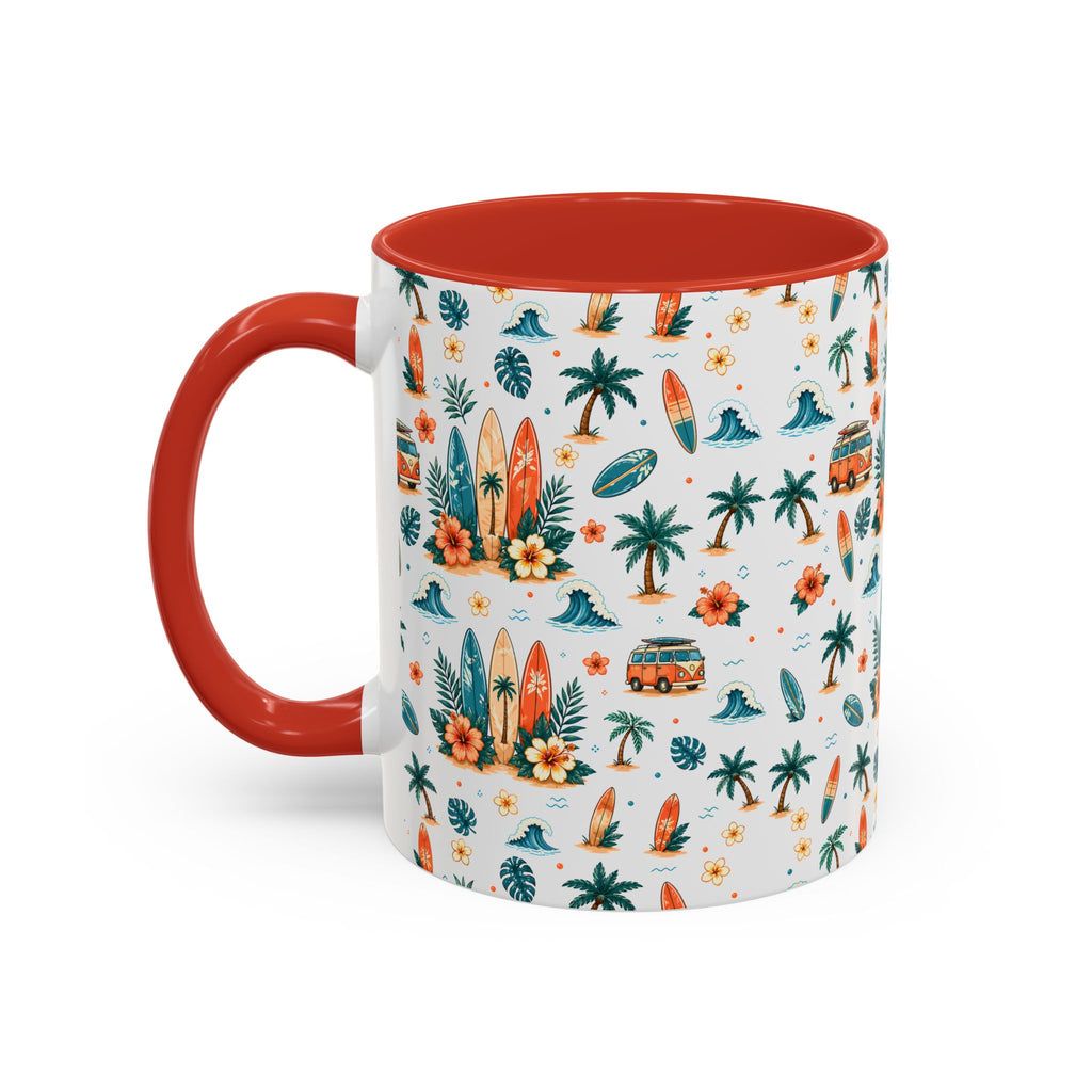 Surfboard & Palm Accent Coffee Mug — Tropical Beach Pattern 11/15oz