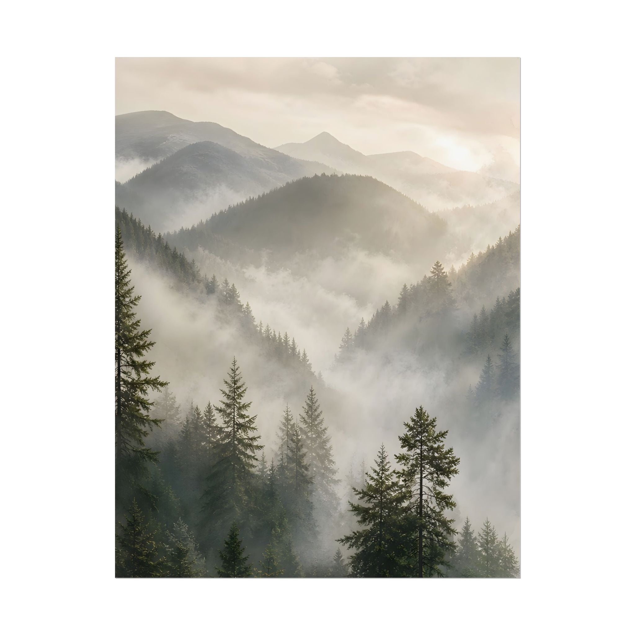 Mist-Filled Mountain Forest Rolled Poster — Serene Nature Wall Art