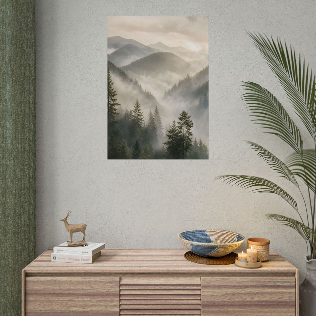Mist-Filled Mountain Forest Rolled Poster — Serene Nature Wall Art