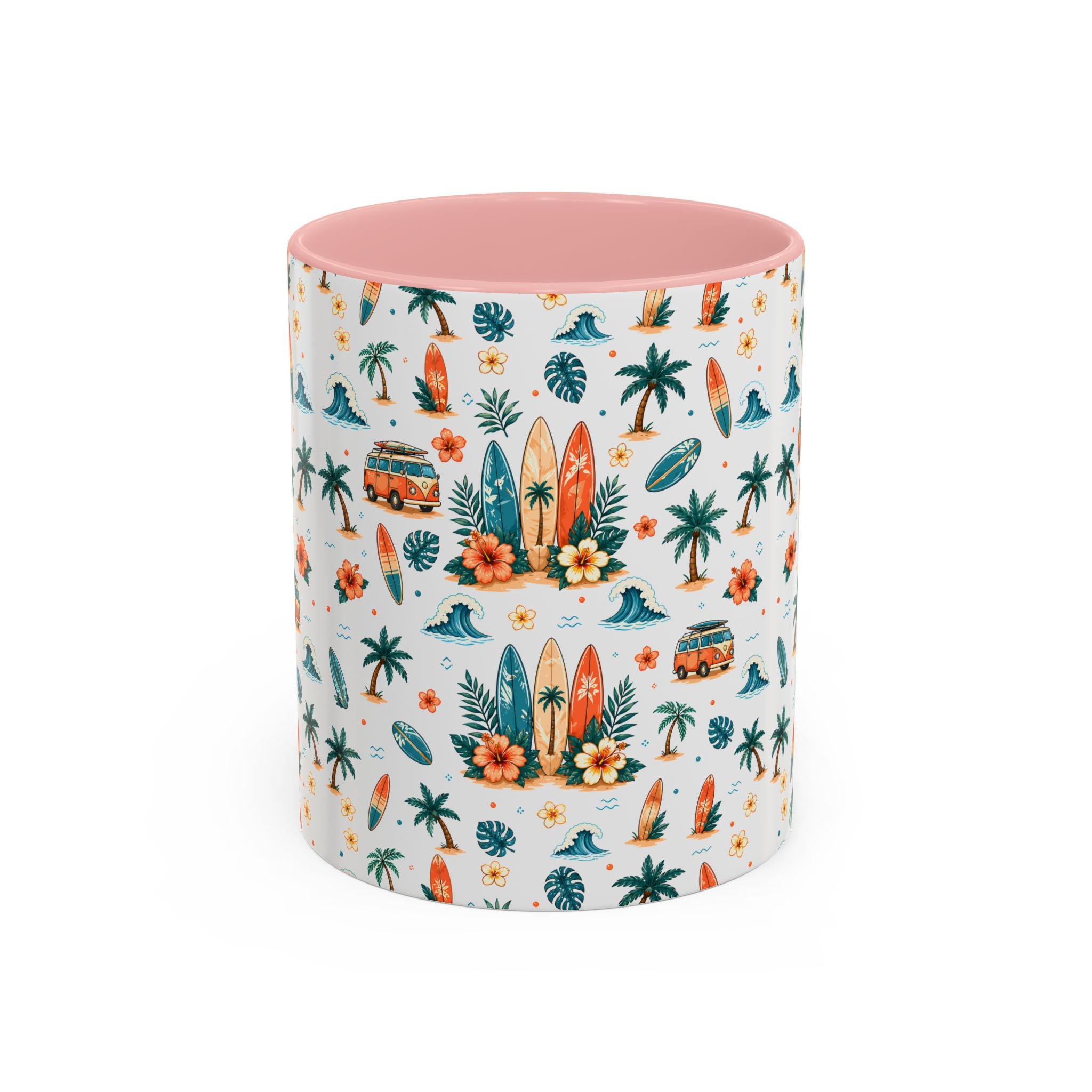 Surfboard & Palm Accent Coffee Mug — Tropical Beach Pattern 11/15oz