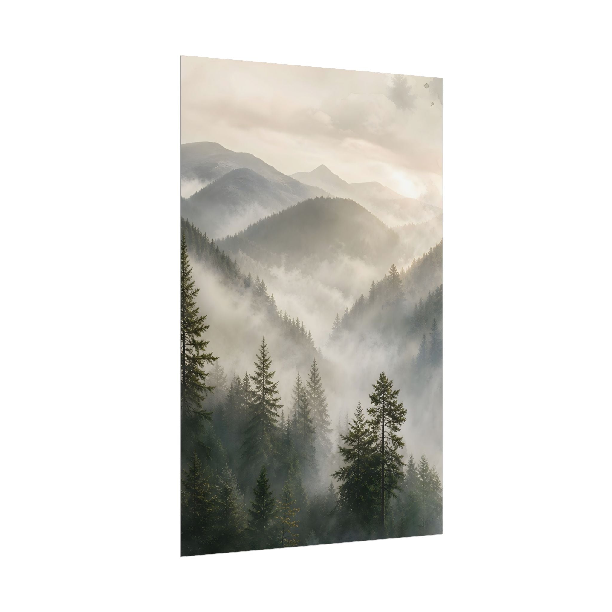 Mist-Filled Mountain Forest Rolled Poster — Serene Nature Wall Art