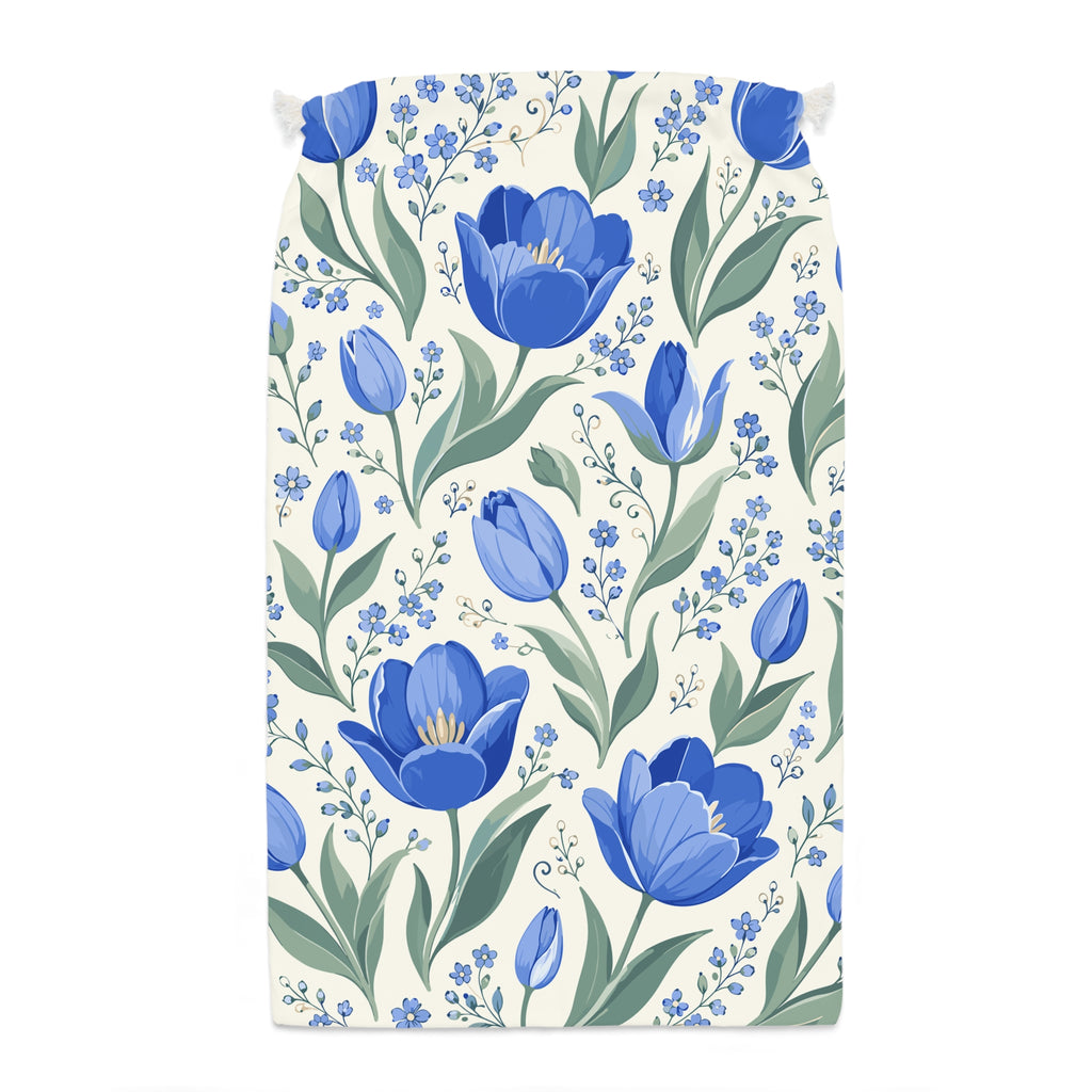 Blue Floral Drawstring Bag - Botanical Tulip Gift Sack