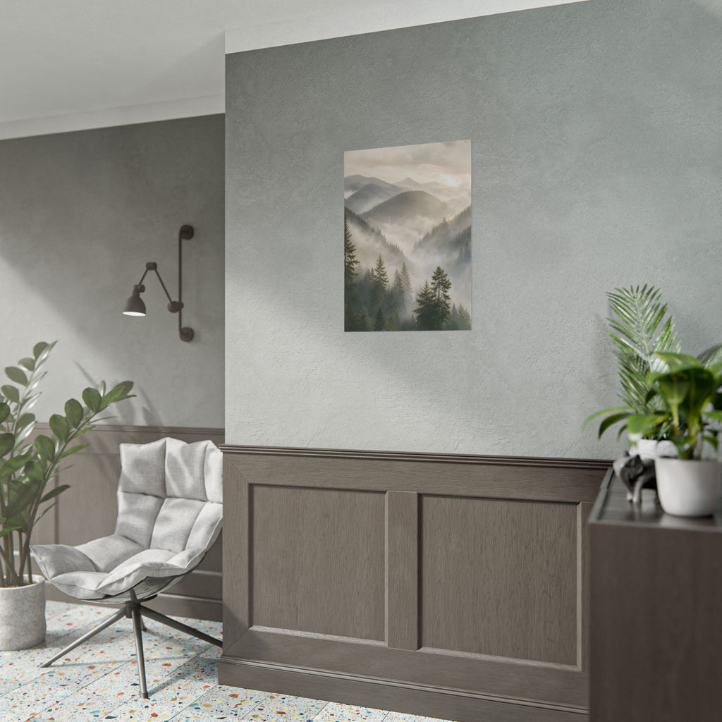 Mist-Filled Mountain Forest Rolled Poster — Serene Nature Wall Art