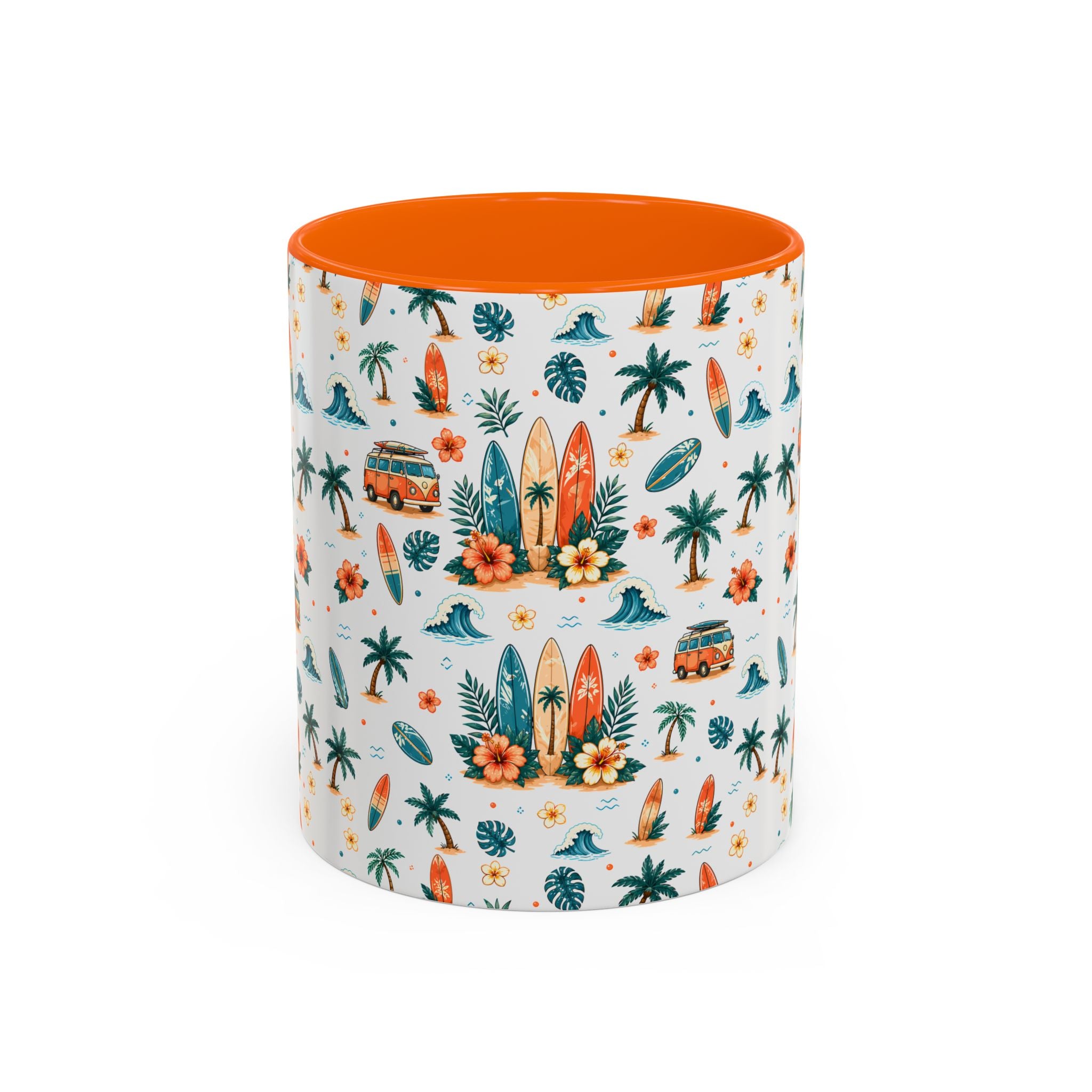 Surfboard & Palm Accent Coffee Mug — Tropical Beach Pattern 11/15oz