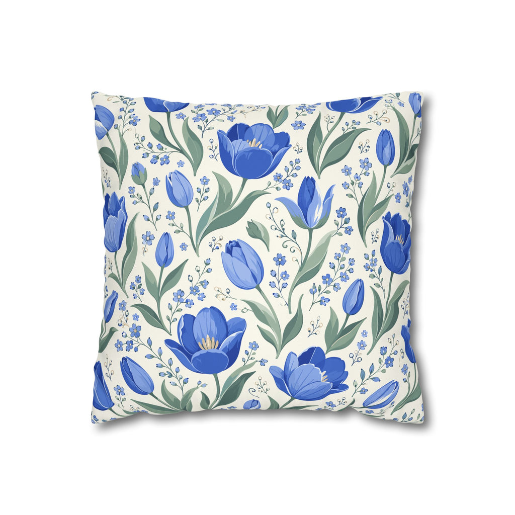 Blue Floral Square Pillow Cover — Blue Tulip Pattern Decorative Throw Pillowcase