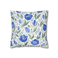 Blue Floral Square Pillow Cover — Blue Tulip Pattern Decorative Throw Pillowcase