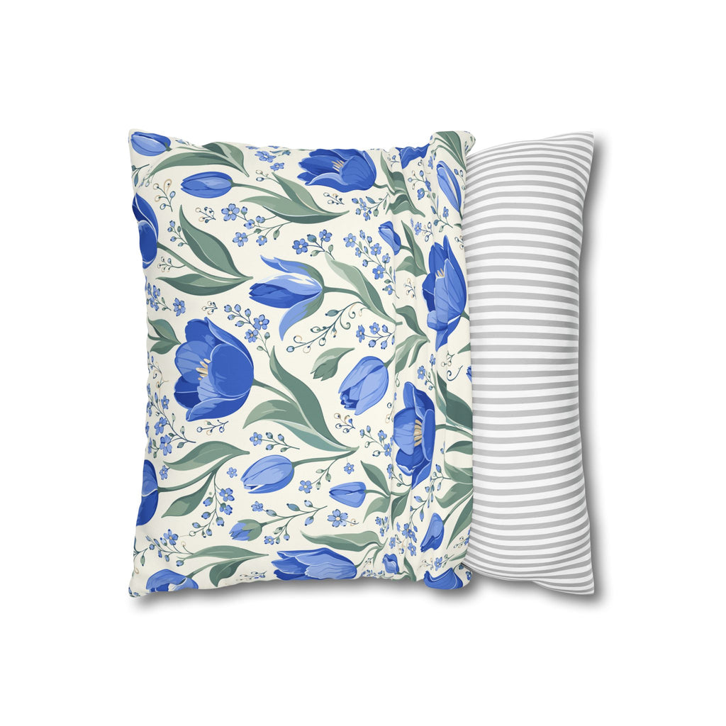 Blue Floral Square Pillow Cover — Blue Tulip Pattern Decorative Throw Pillowcase