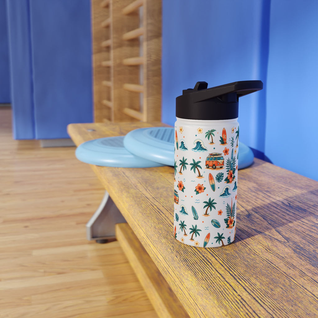 Surf Camper Stainless Steel Water Bottle — Tropical Beach Surfboard Pattern
