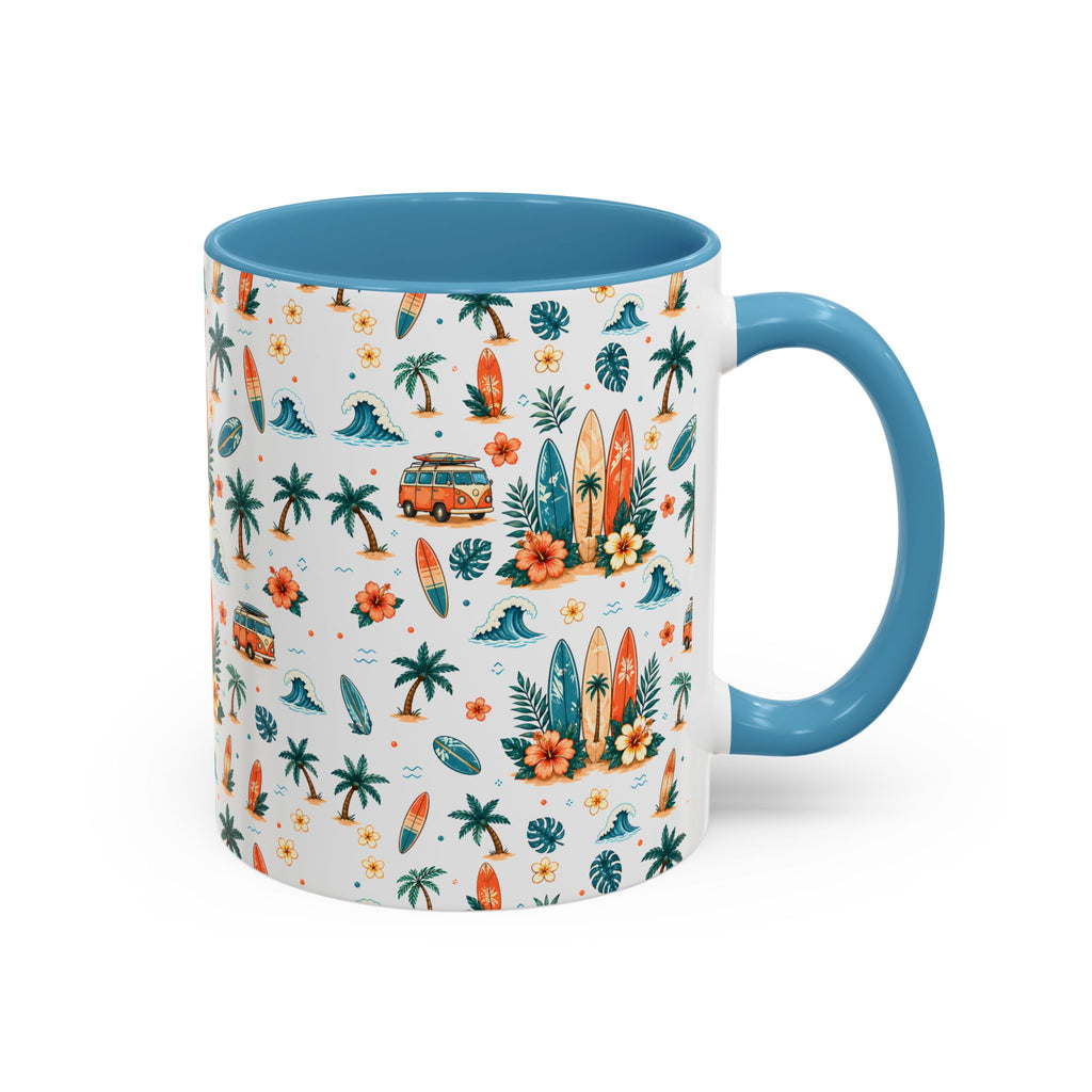 Surfboard & Palm Accent Coffee Mug — Tropical Beach Pattern 11/15oz