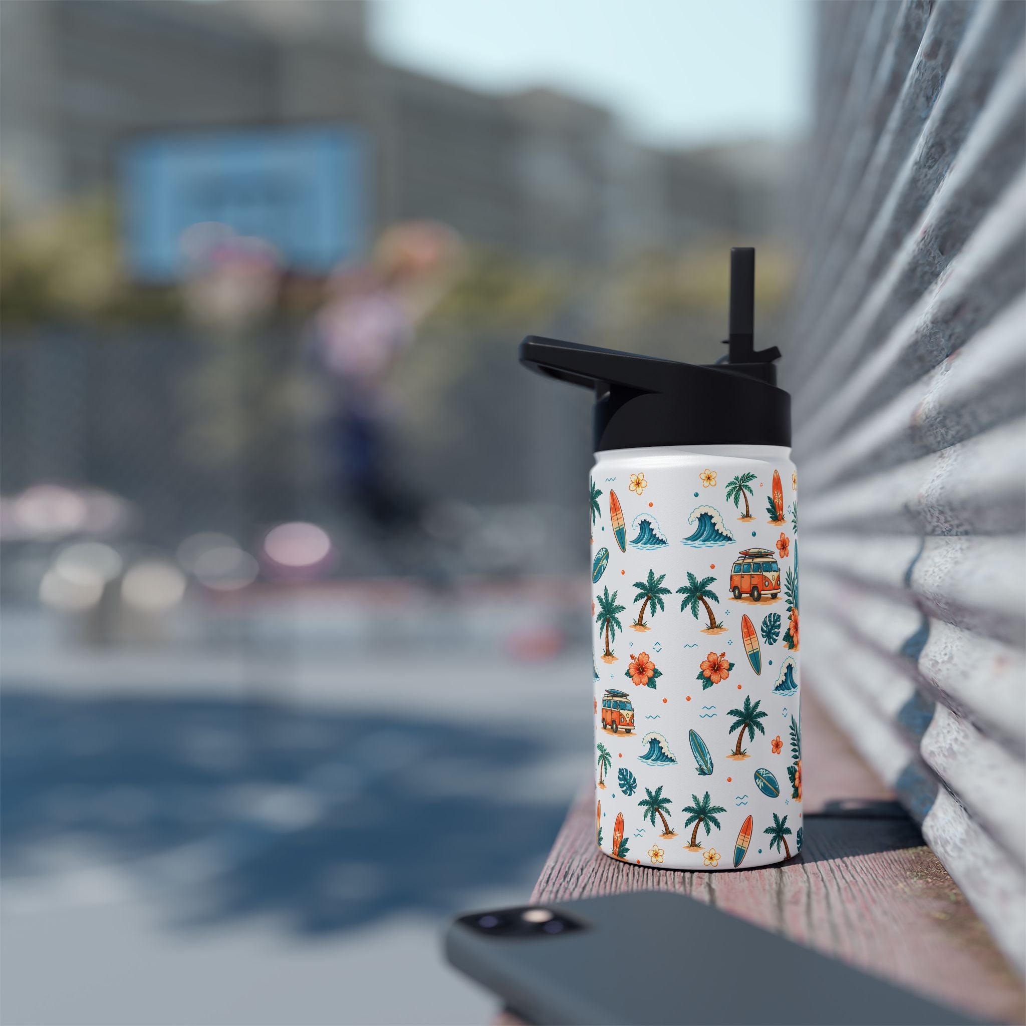 Surf Camper Stainless Steel Water Bottle — Tropical Beach Surfboard Pattern