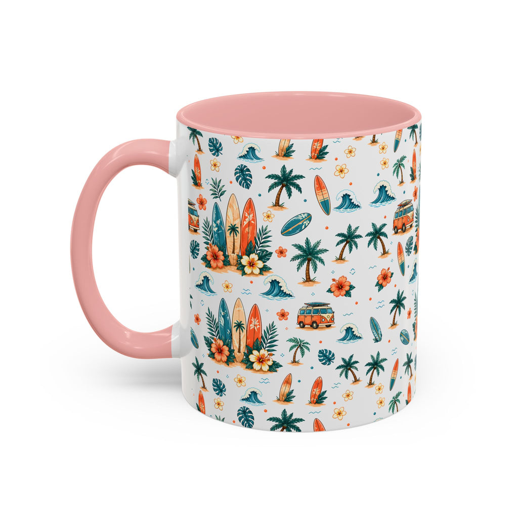 Surfboard & Palm Accent Coffee Mug — Tropical Beach Pattern 11/15oz
