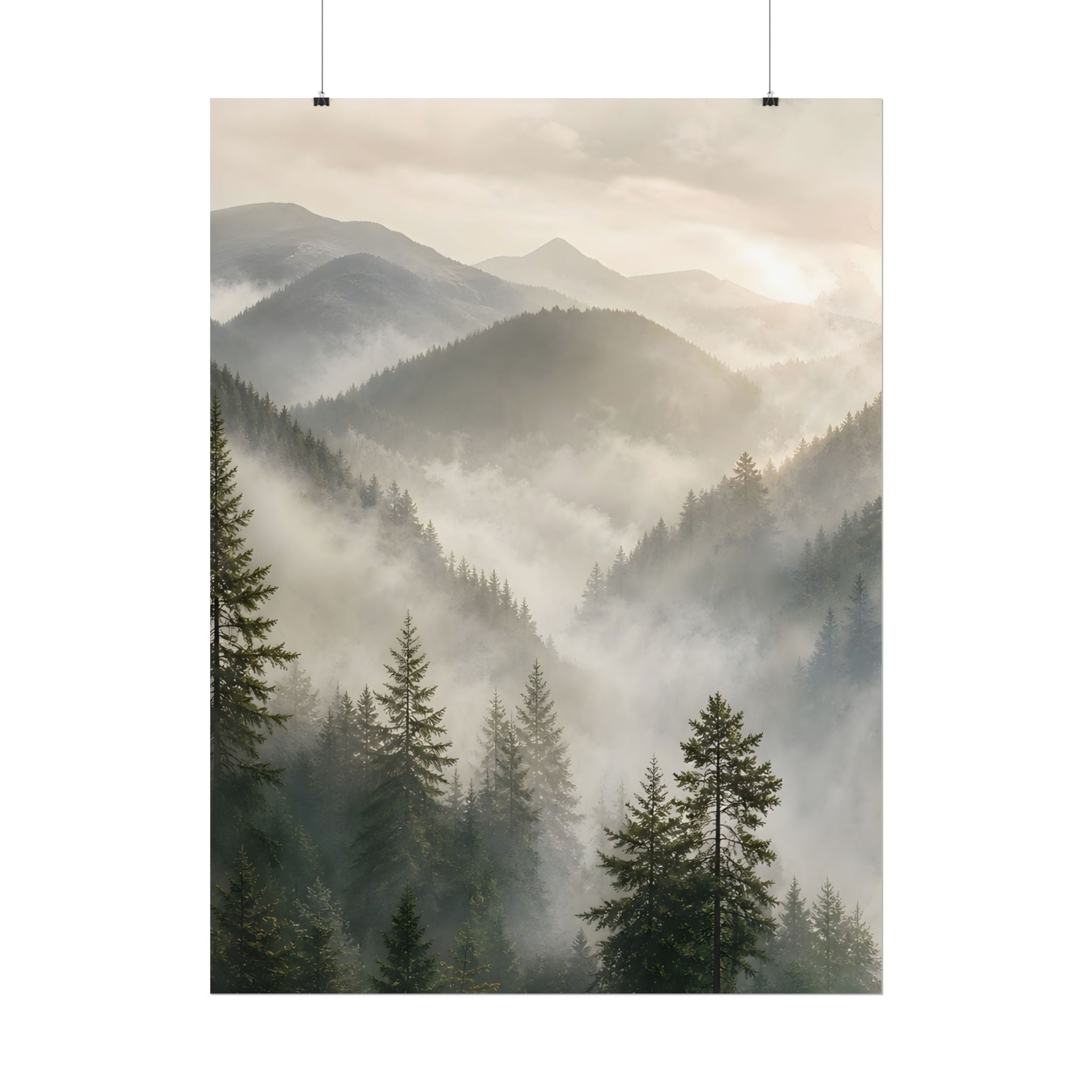 Mist-Filled Mountain Forest Rolled Poster — Serene Nature Wall Art