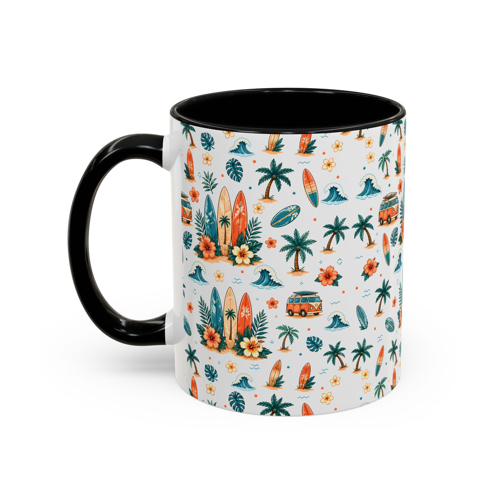 Surfboard & Palm Accent Coffee Mug — Tropical Beach Pattern 11/15oz