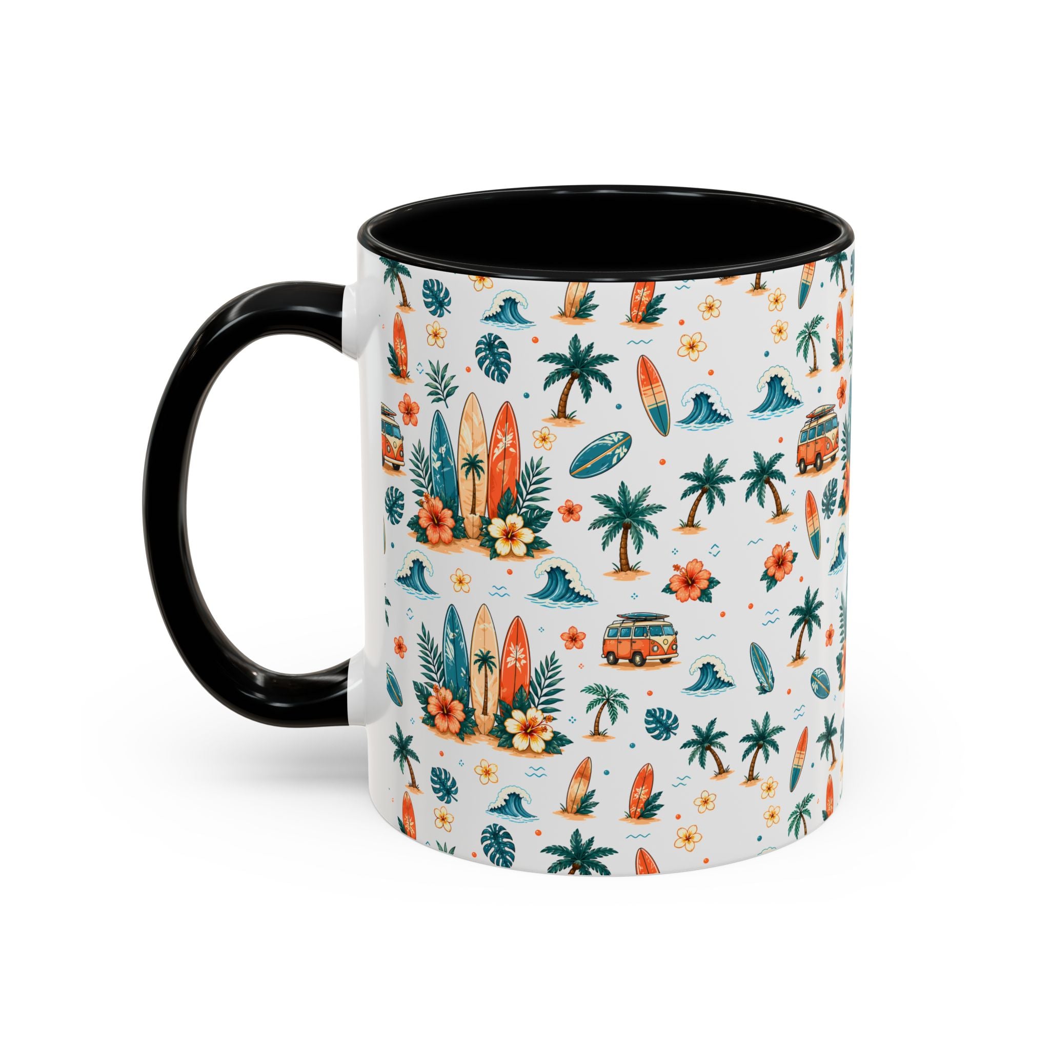 Surfboard & Palm Accent Coffee Mug — Tropical Beach Pattern 11/15oz