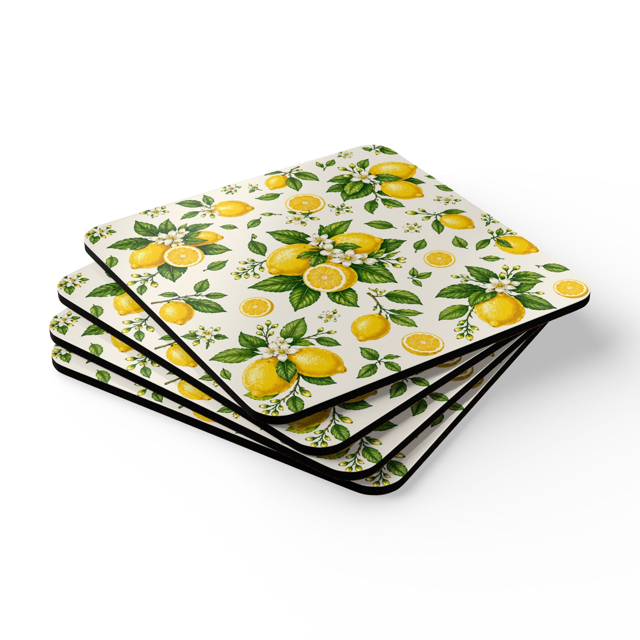 Lemon Bistro Cork Coaster Set — 4-Pack Citrus Drink Coasters