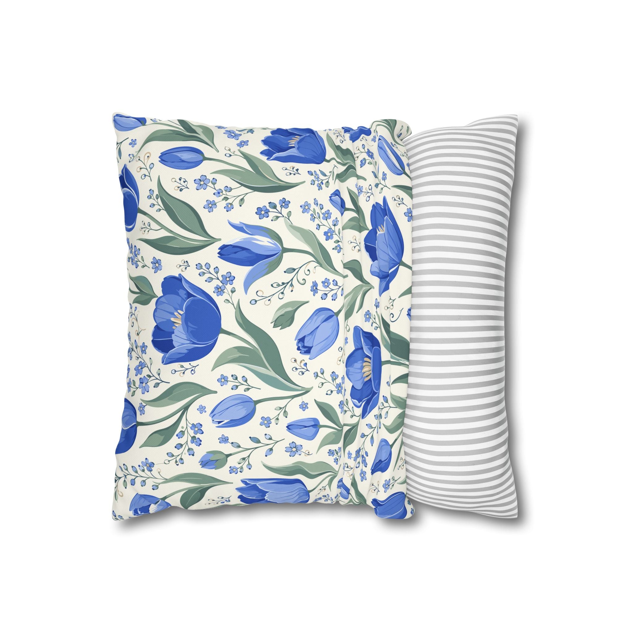 Blue Floral Square Pillow Cover — Blue Tulip Pattern Decorative Throw Pillowcase