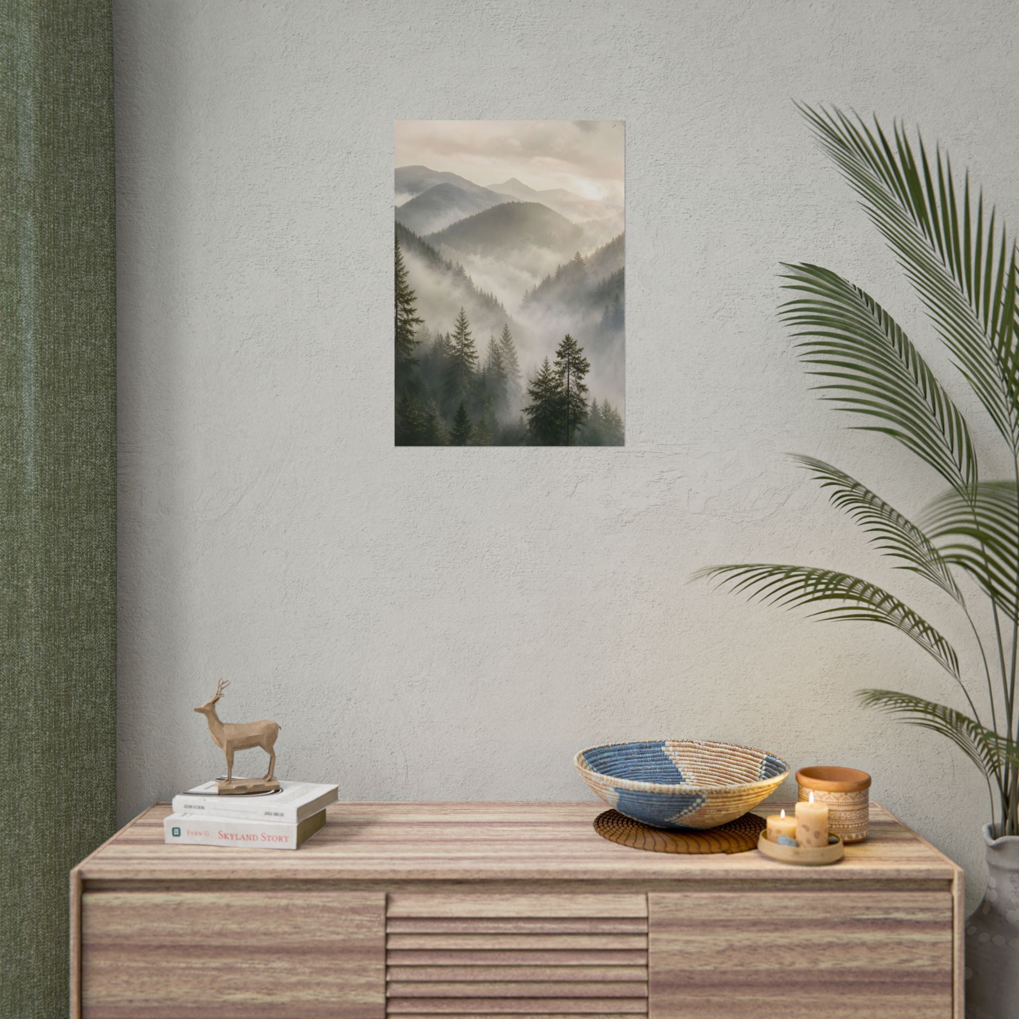 Mist-Filled Mountain Forest Rolled Poster — Serene Nature Wall Art