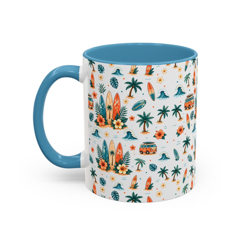 Surfboard & Palm Accent Coffee Mug — Tropical Beach Pattern 11/15oz