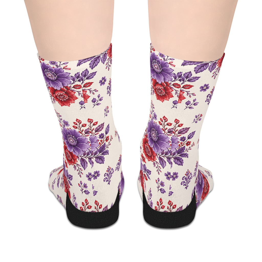 Floral Crew Socks — Purple & Red Vintage Rose Mid-Length Socks