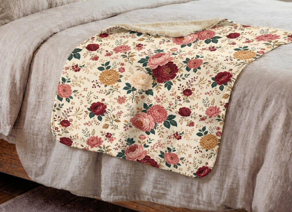 Floral Sherpa Blanket — Vintage Rose Fleece Throw