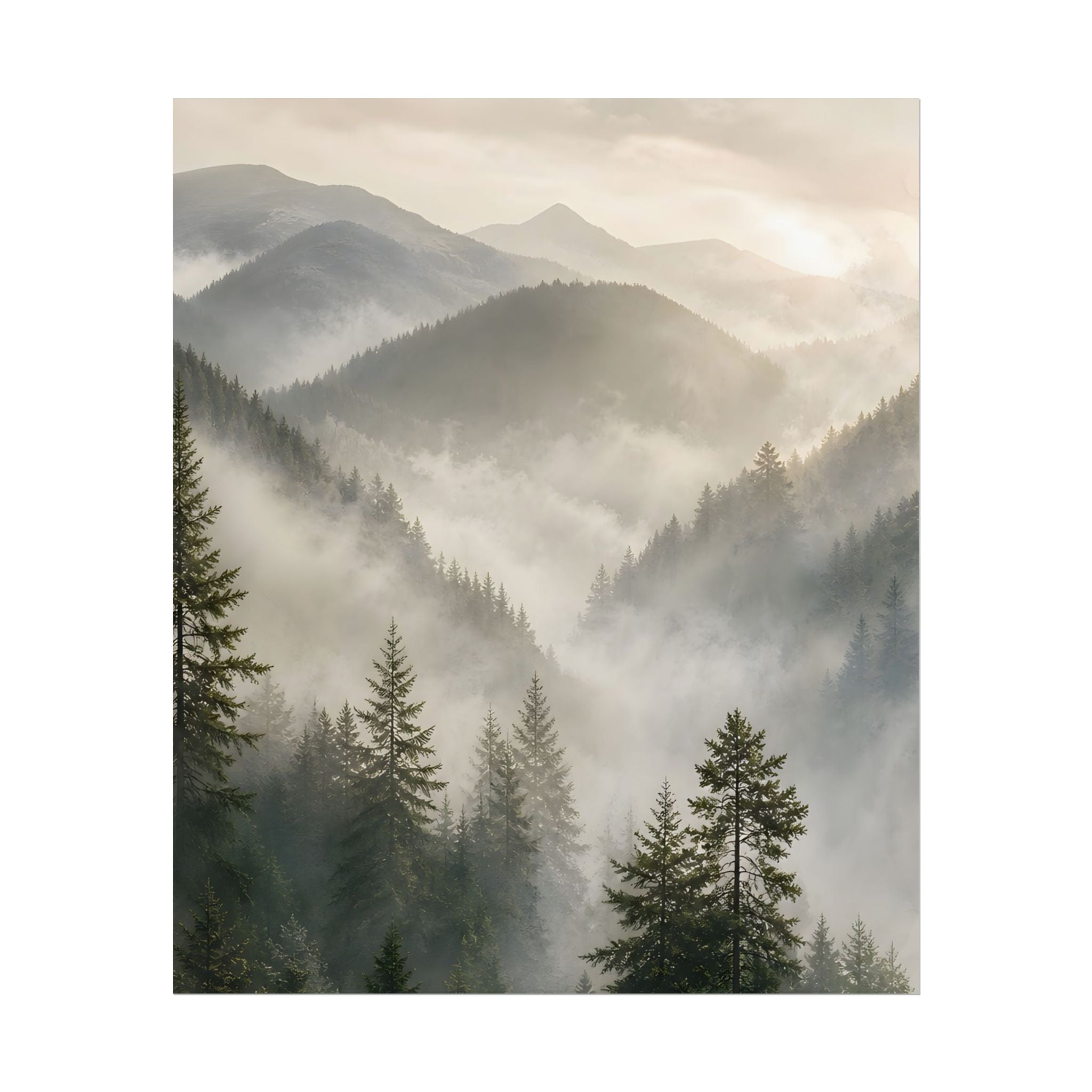 Mist-Filled Mountain Forest Rolled Poster — Serene Nature Wall Art