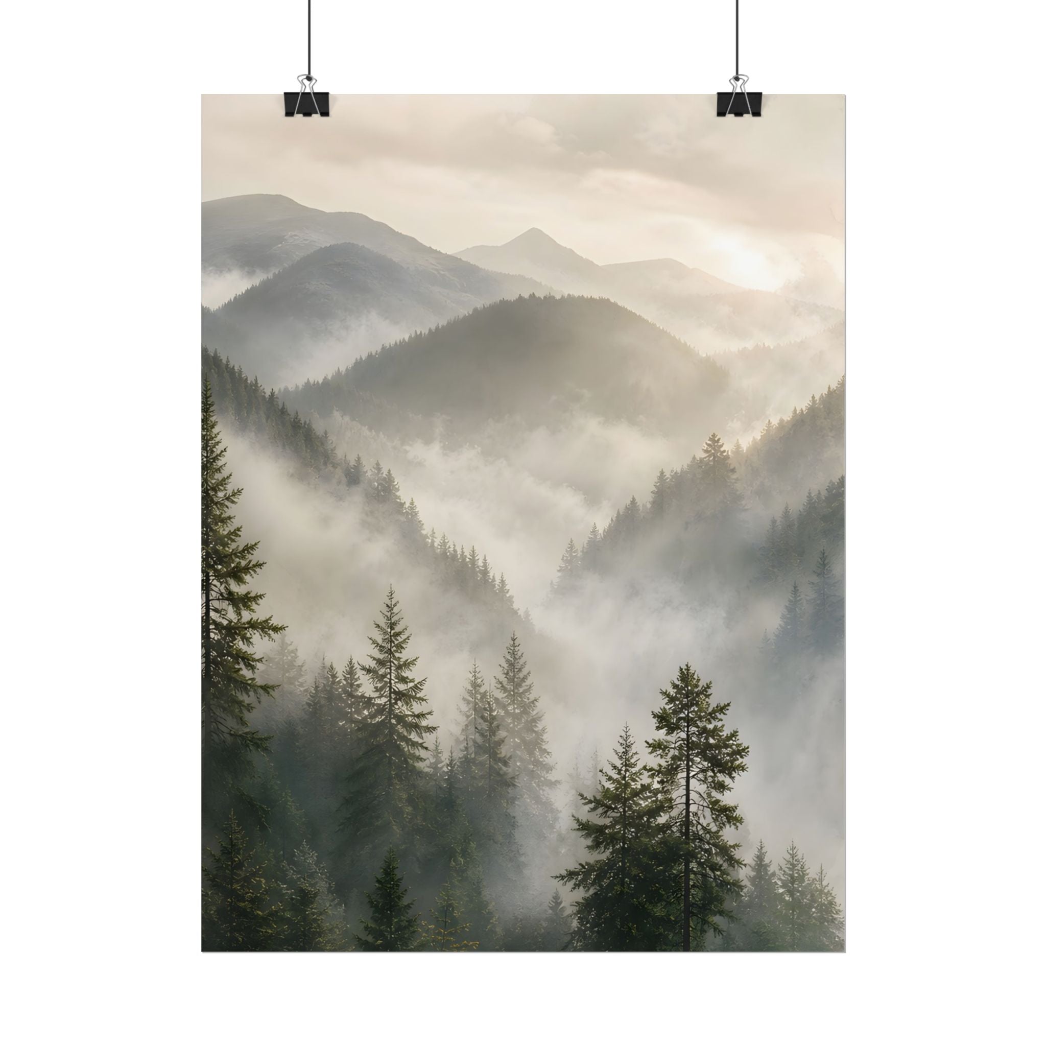 Mist-Filled Mountain Forest Rolled Poster — Serene Nature Wall Art