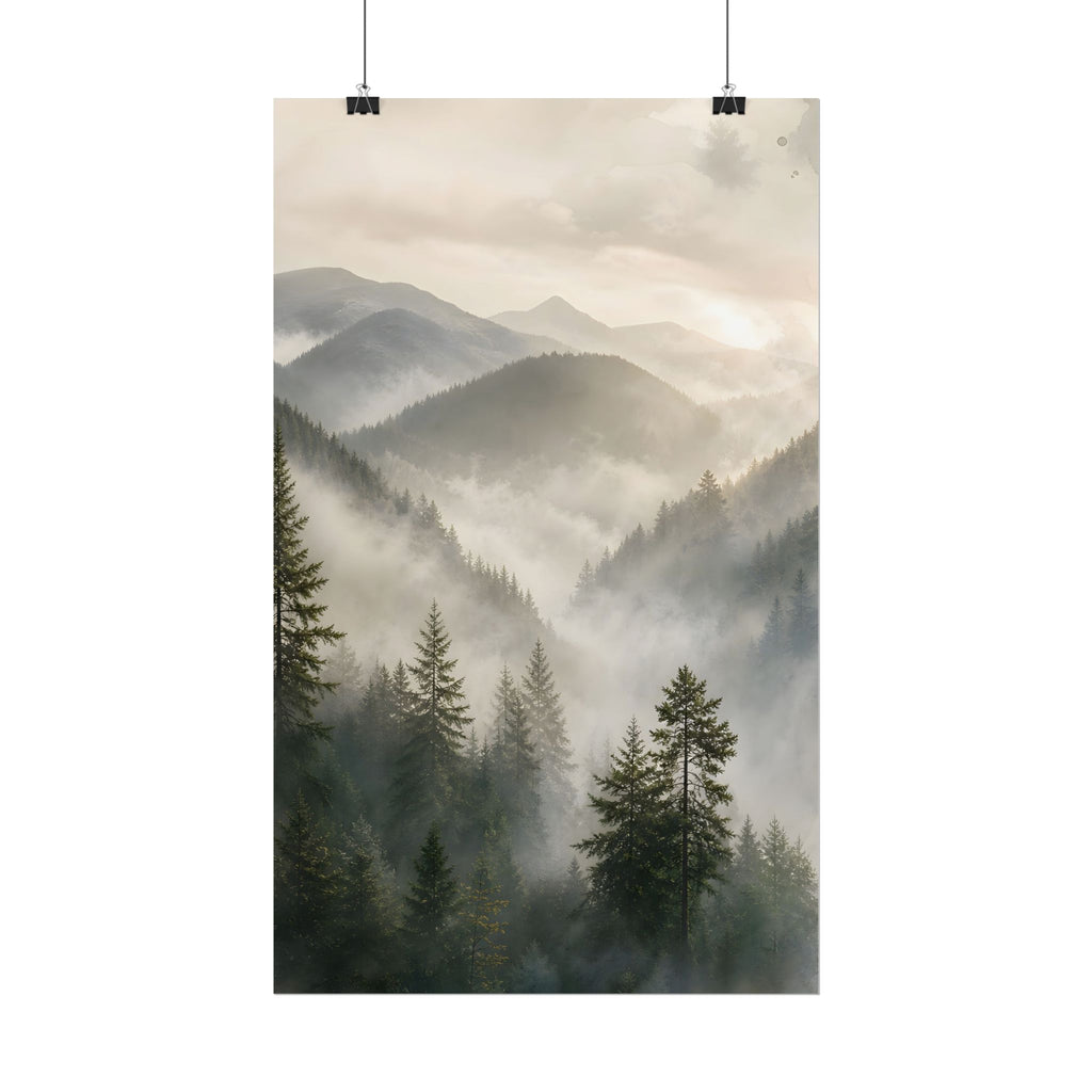Mist-Filled Mountain Forest Rolled Poster — Serene Nature Wall Art